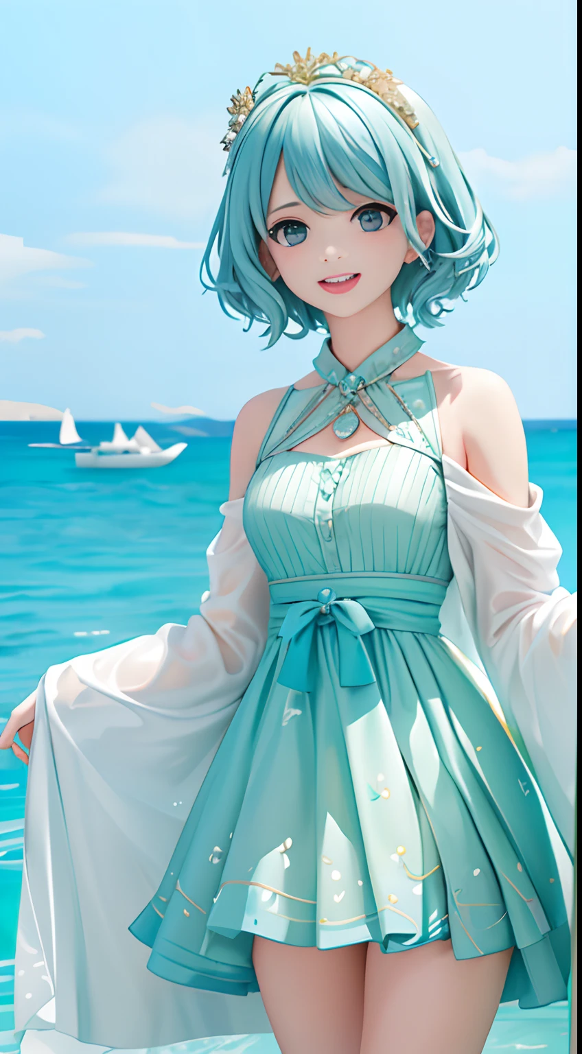 (tmasterpiece, top-quality, best qualityer, Watercolor wind, offcial art, Beauty and aesthetics：1.2, s fractal art：1.3), (1girll：1.3, s fractal art：1.3, Side bust, Laughing and looking at the audience), A Greek mythological figure wearing a mint green trench coat, Swiftlet grass blue short curly hair, Dull green eyes, Ocean and river in the background.