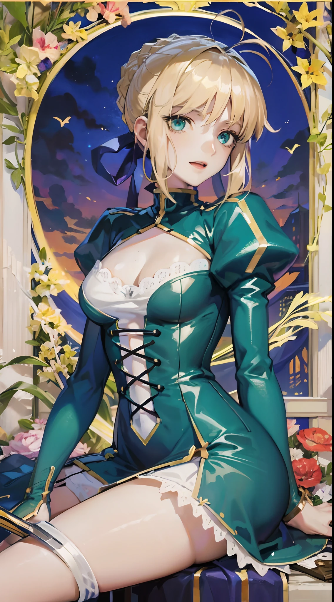 Artoria Pendragon (saber),cyan theme，Women's dress，Promotional poster style，D cup，Sexy one-piece stockings，Sit down upright，Happy look，Fleshy thighs