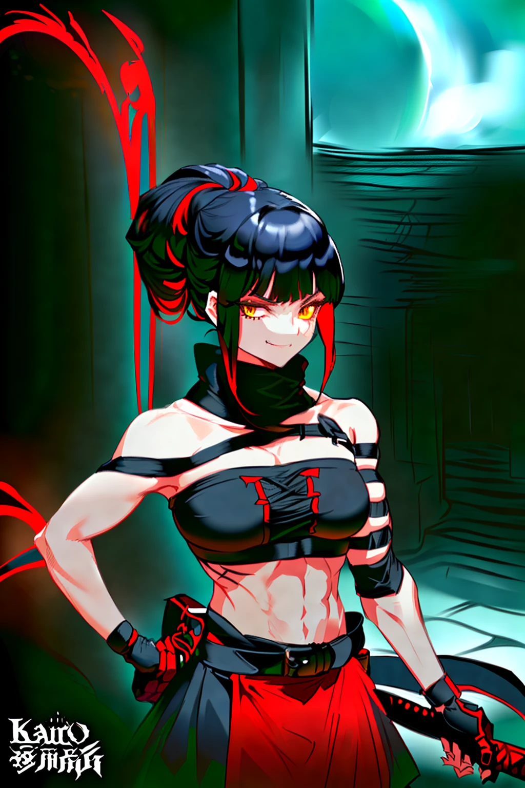 Anime - a stylistic image of a woman，Wear a black bandeau，Black skirt and red apron, Katana Zero video game character, Anime Gothic Girl, Vampires, Main character, black and reddish color armor, dressed in crustpunk clothing, Female protagonist，Yellow glowing eyes，Black belt with gold buckle，Black gloves，Black and red scarf，8K，Abs，musculature，Hair tied up，Shield in hand，Black and red flags，bandagens，Scars on the stomach，A teasing smile