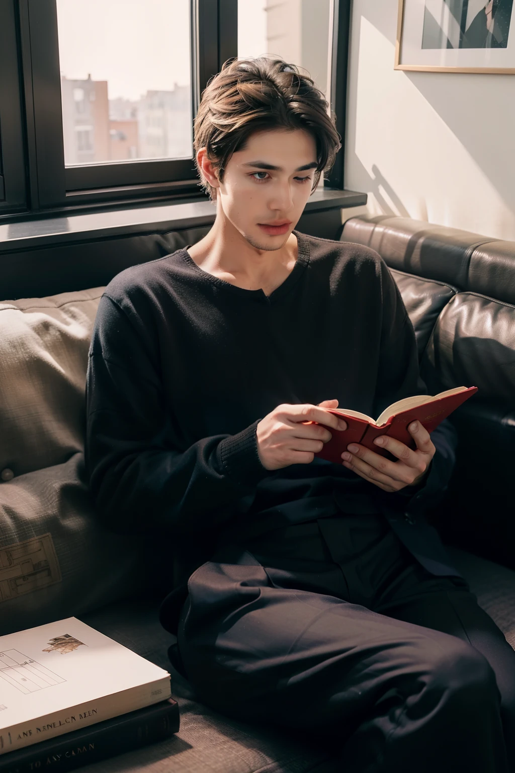 1 boy, sitting on the sofa reading a book. total wealth. 30 years old. fine tune