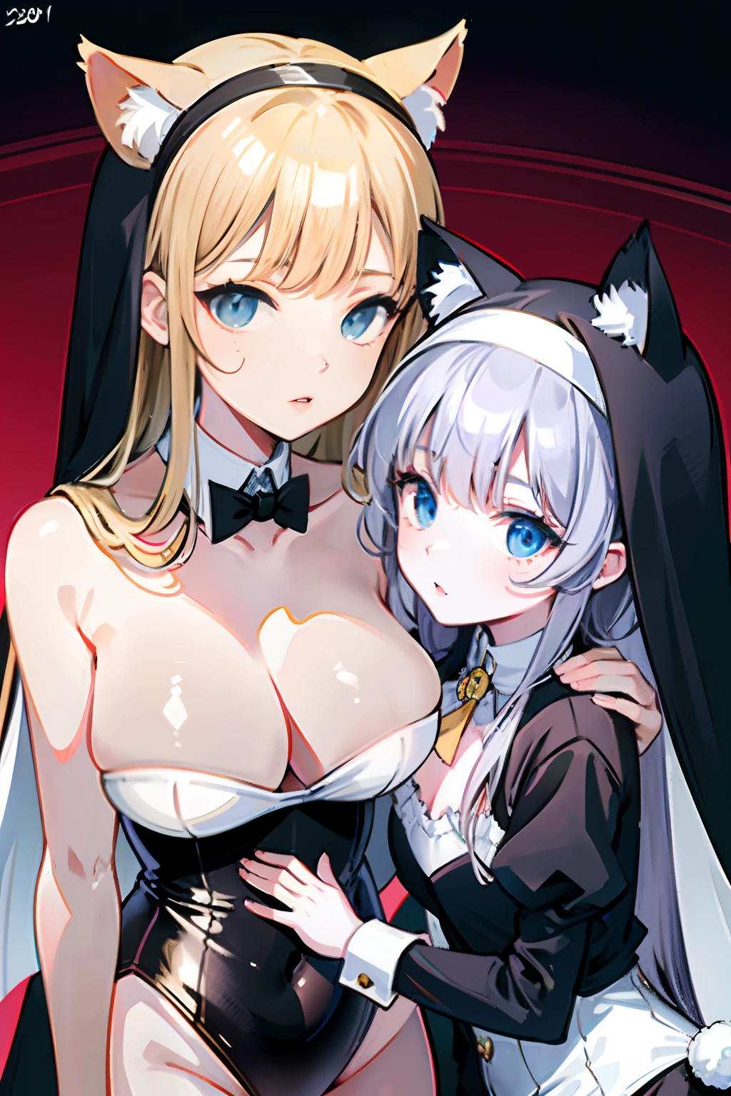 Masterpiece, Best quality, Two women,Chest to chest,lewd nun,Bunny girl costume,18 years old,silber hair,cat ear