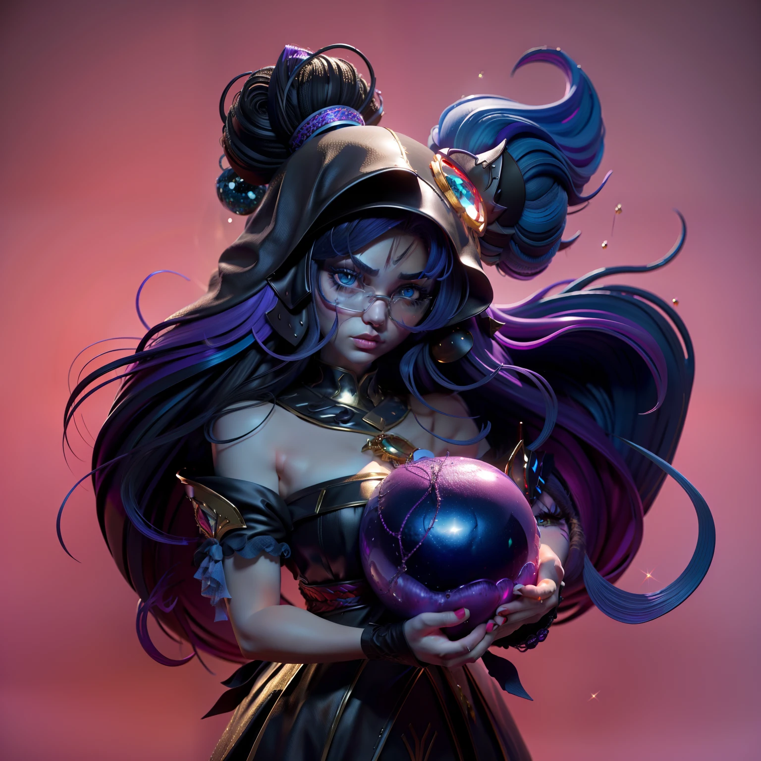 black hair, colored inner hair, blue hair, hair between eyes, big hair, hair strand, hair ornament, crescent hair ornament, jeweled branch of hourai, kanzashi, over-rim eyewear, hood down, blue hairband, mismatched pupils, mismatched pupils, mismatched pupils, gradient eyes, gradient_eyes, sparkling eyes, gradient eyes, Surrealism, ray tracing, backlighting, halftone, backlighting, drop shadow, blending, viewfinder, 8k, super detail, textured skin, UHD, high quality, 1080P,