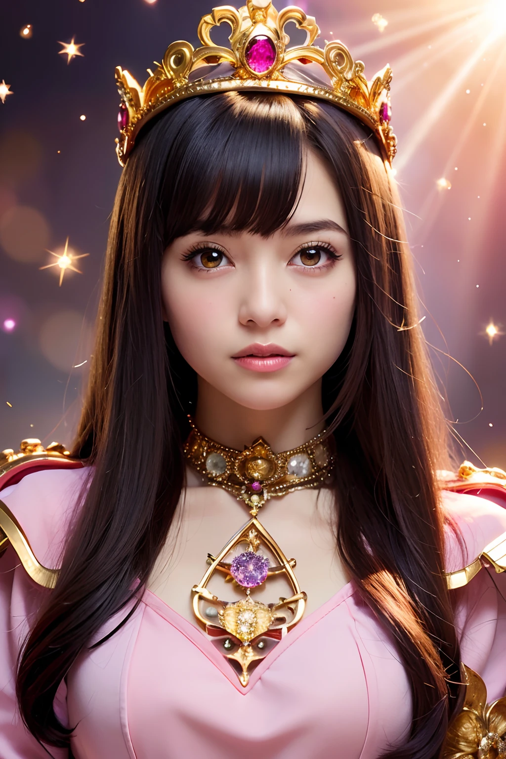 (masutepiece), Professional , masterpiece、top-quality、photos realistic , depth of fields (Gemstone Silver Metal Body:1.9),(Matte Pink、Particles of light、Jewel Gold Weapon(Jewel Metal Body:1.4),Gorgeous metal weapons , Detailed Sword of the Brave , Beautiful knife ,warhammer 40k , adepta sororitas,Detail and ornate jewel crown、Particles of light、Black hair、Gangle's forest background、Beautiful Caucasian beauty、1a person、dynamic ungle,(((Detailed and ornate diamond crown)))、Particles of light、Smaller head、A smile、Take a sexy pose、Background inside the castle、