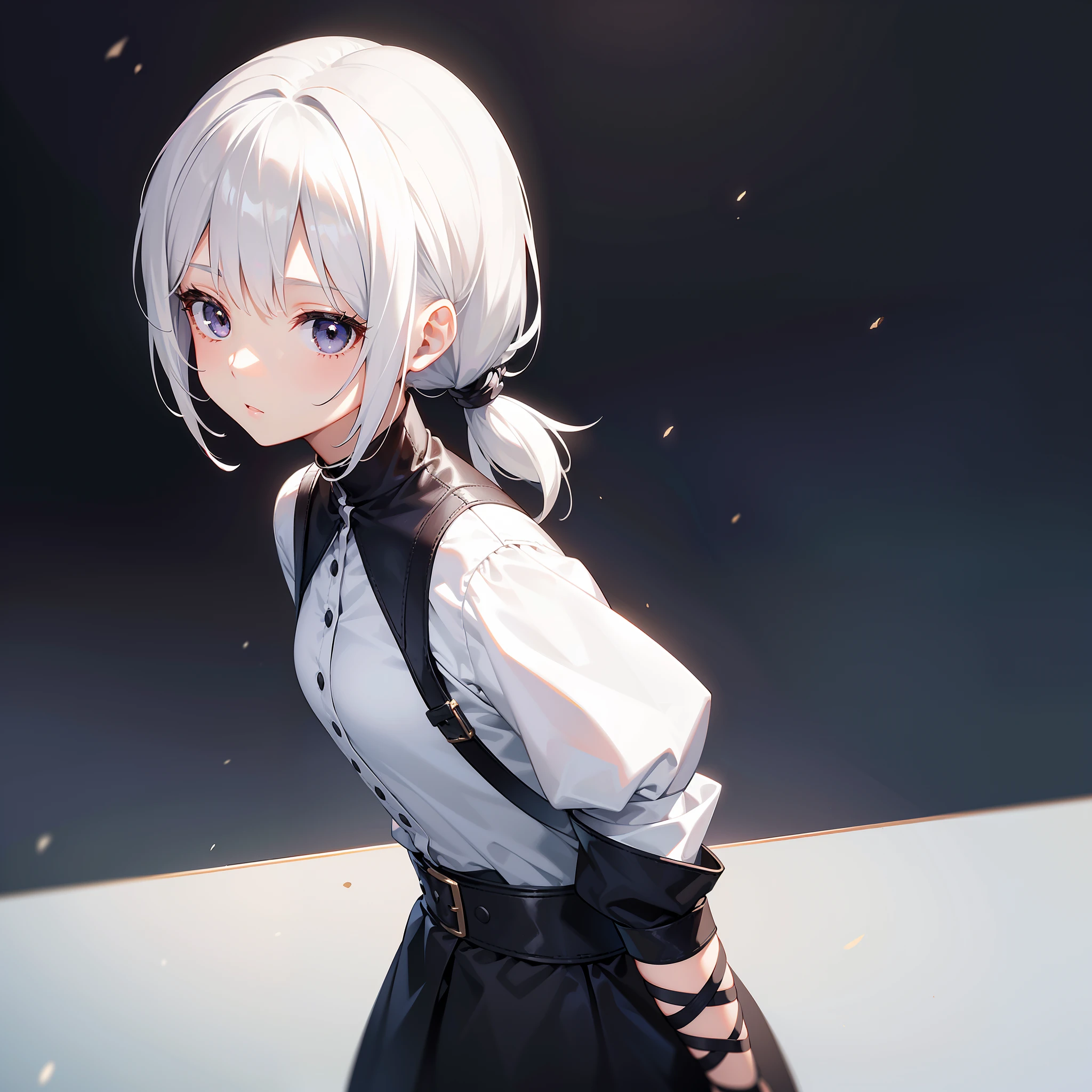 MKSKS style, (Very detailed background:1.0), (highly detailed back ground:1.0), 1girll, full_Body,,frontage,Masterpiece, Best quality, (1girll, Solo, Girl:1.2),,White hair,Best shadow,Upper body,Black eyes,low tied hair,Low ponytail