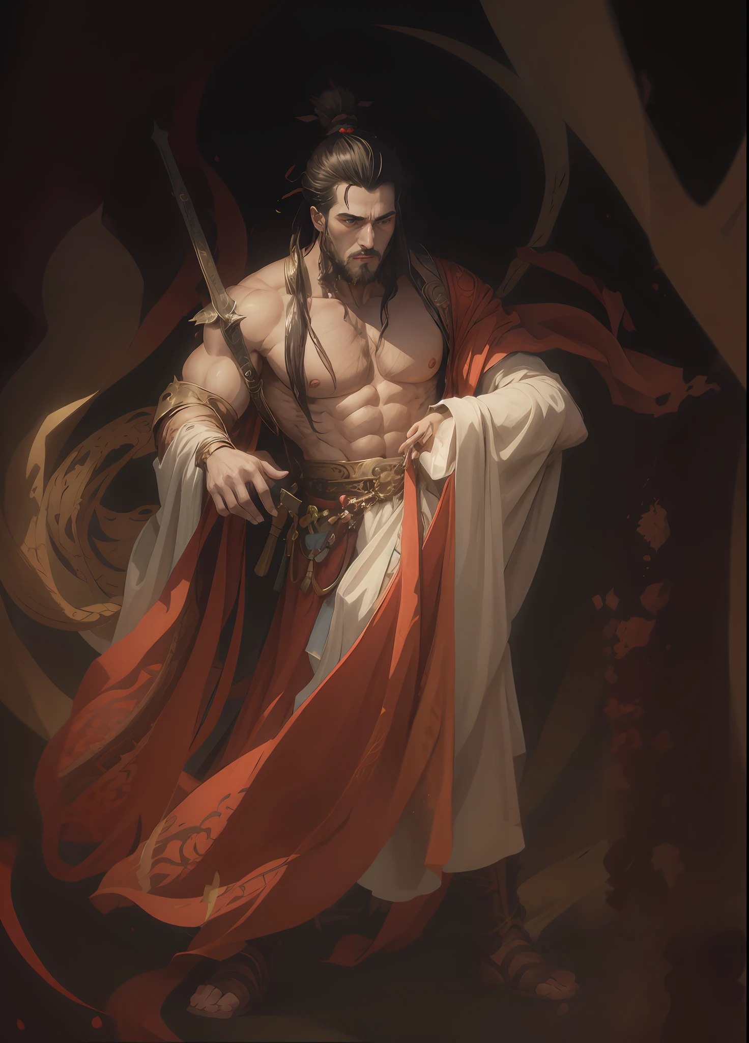 A man，musculous，mythical character，Moire，floated hair