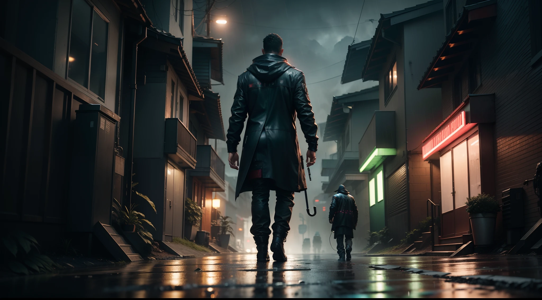 There is a man walking on his back in the rain with an umbrella entering some houses , cinematic moody lighting, Dia chuvoso. game render, Bladerrunner na chuva, filme ainda 8K, Neo Estilo Preto, Tecnologia batida. Neo Estilo Preto, cinematic moody lighting, estilo cyberpunk hiper-realista, estilo cyberpunk , hiper-realista, cinematic realistic photo, 8 k filme ainda, Cyberpunk Negro