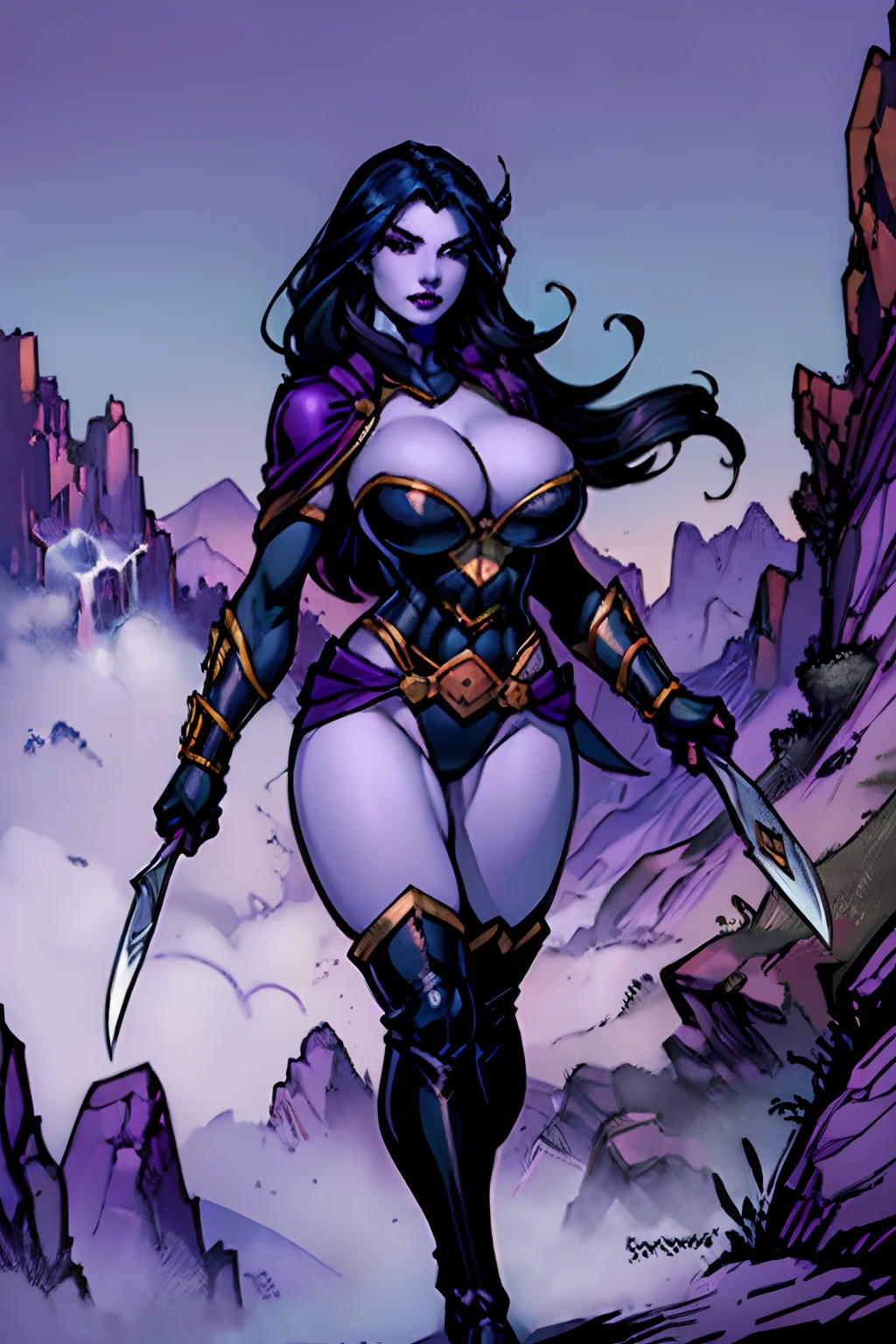 (masterpiece, top quality, best quality, official art, beautiful and aesthetic:1.2), (1girl:1.3), ((long black hair)), (((pale purple skin, pale blue skin, blue skin, purple skin))), extremely detailed, portrait, looking at viewer, solo, (full body:0.6), detailed background, close up, (cold night mountain theme:1.1), dark elf war dancer, charlatan, smirk, mysterious, swaying in mountains, skimpy attire, revealing gladiatrix costume, gold bikini, cowl, metal bikini, long boots, dual knives, violet fabric, black leather, ((gigantic breasts, cleavage, skindentation)), slim waist, slim hips, long legs, medieval (mountain exterior:1.1) background, dark mysterious lighting, shadows, magical atmosphere, dutch angle