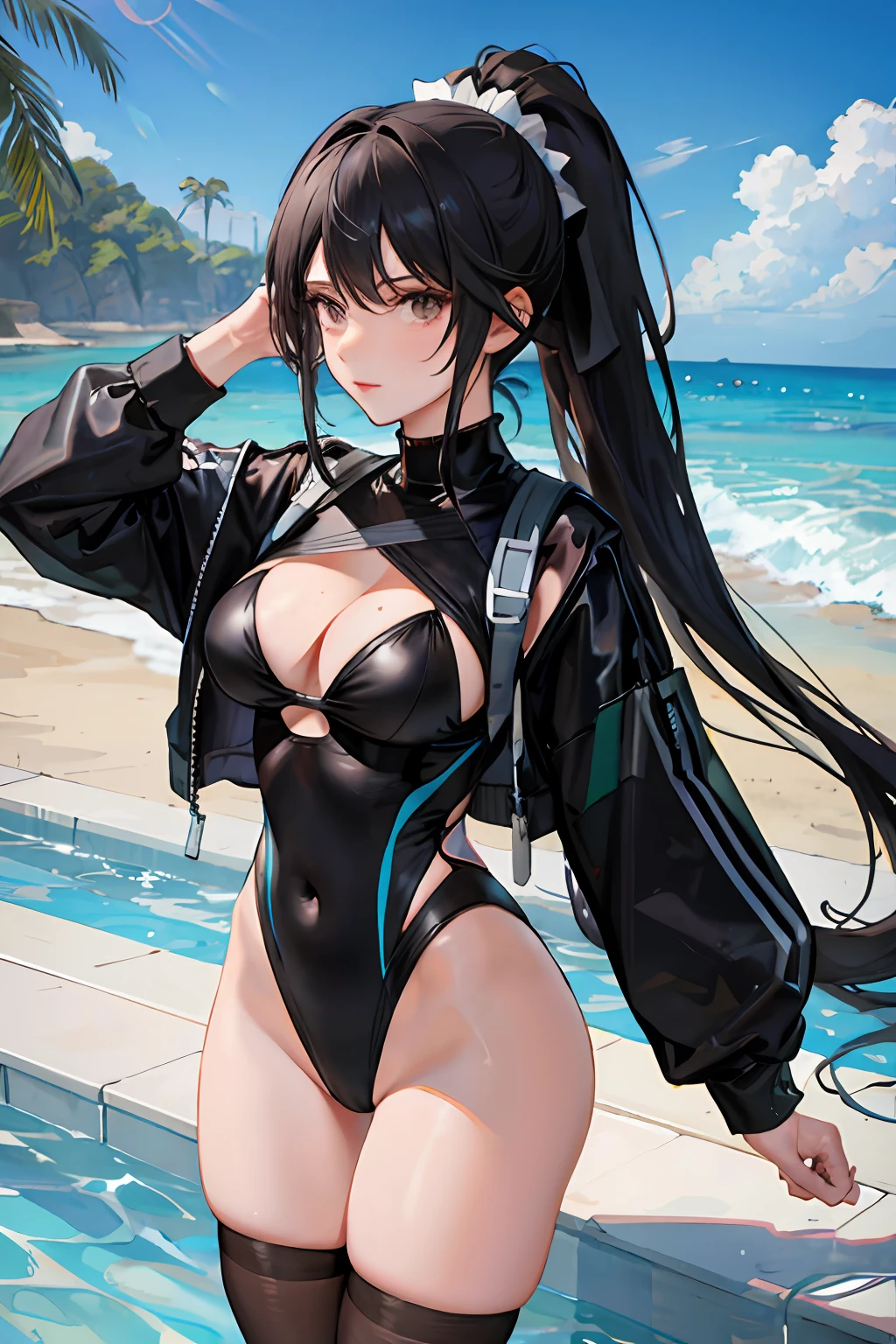 Black stockings swimsuit sexy slim real high ponytail