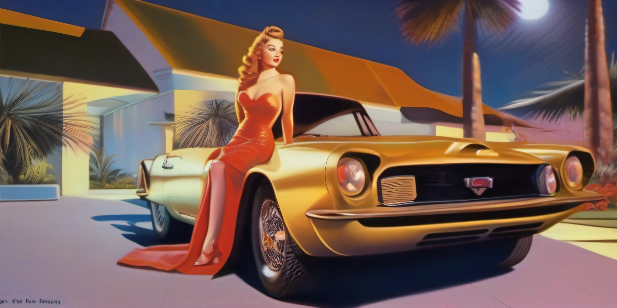 ((Realistic lighting, Best quality, 8K, Masterpiece: 1.3)), Focus: 1.2, 1girl, Perfect Figure: 1.4, (Outdoor, Night: 1.1), A beautiful woman is posing seductively next to a retrofuturistic sports car in a pulp art style by Earle Bergey and Gil Elvgren