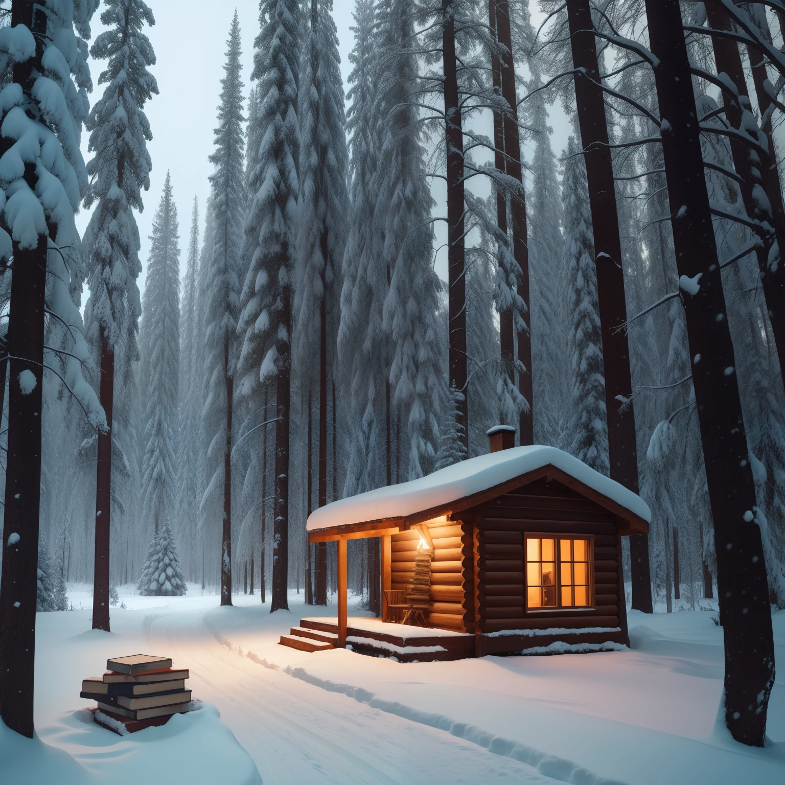 Forest and snow, cinematic, dark, firewood, book cover, muscle lumberjack, realism, realistic