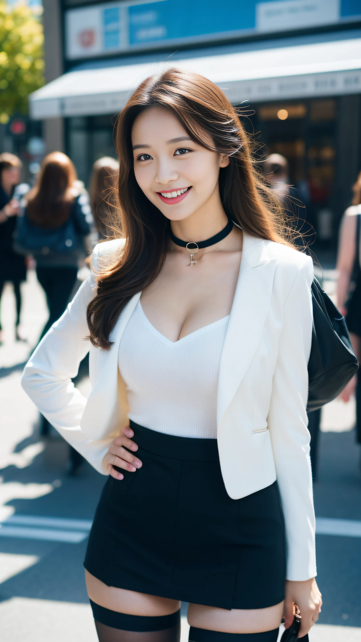 Smiling,absurderes,Keep your mouth shut,Balanced eyes,(Best quality details:1.2),realisticlying,8K high-definition,ultra - detailed,High-quality textures,Complicated details,Detailed textures,finely detailled,high detal,VerydetailedCG,(short skirt,Black stockings,long leges,Harnes,Expose cleavage,long whitr hair)City crossroads,choker necklace,looking at viewert,Stand up,(Side 1.2)。