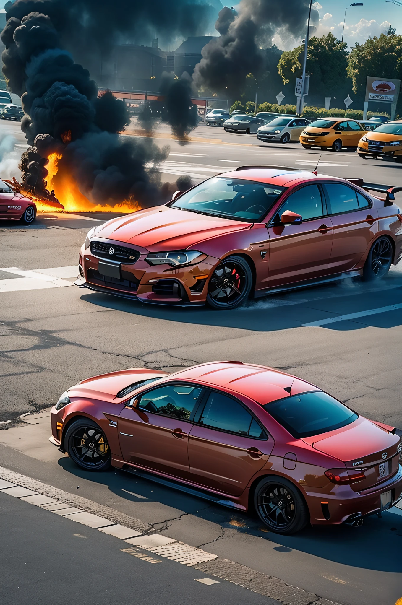 cardrifting,A car drifts in a parking lot,on fire,puffing smoke