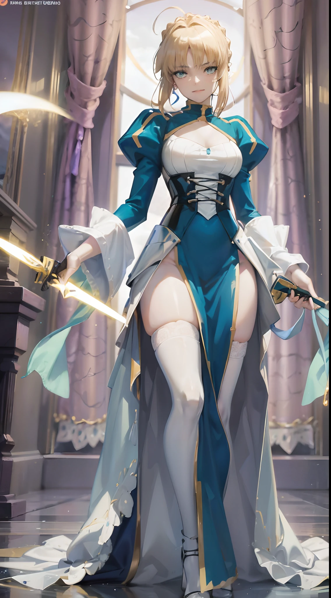 Artoria Pendragon (saber),cyan theme，Gorgeous long dress，Promotional poster style，D cup，Sexy one-piece stockings，Happy look，Fleshy thighs