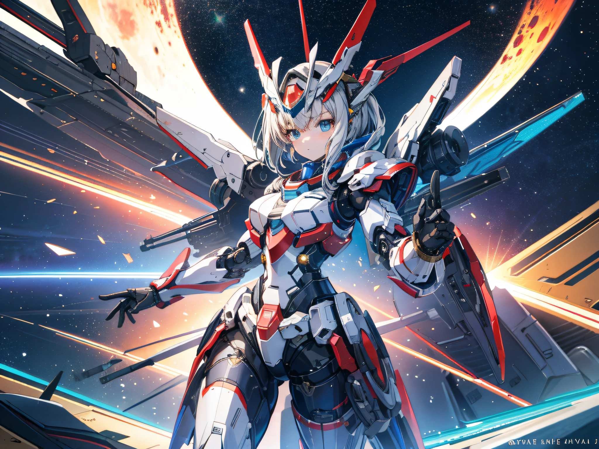 1girll, space, space station, stars, planetes, Mecha musume, mechanicalparts, Super robot joints, Full armor, Headgear, A high resolution, Best quality, ((Solo)) Masterpiece, High quality, 8K, Beautiful lighting, 1girll ((Solo)),bangs, looks away, Masterpiece,Best quality, Supergianthugebreasts_Detailed,A high resolution, Head