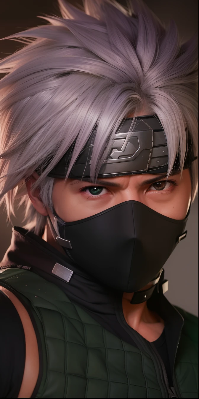 1. Realistic depiction of Kakashi from Naruto, a male character with silver-white hair covering most of his face, only revealing his left eye. He is wearing a protective mask and a green uniform. Ultra-detailed rendering.