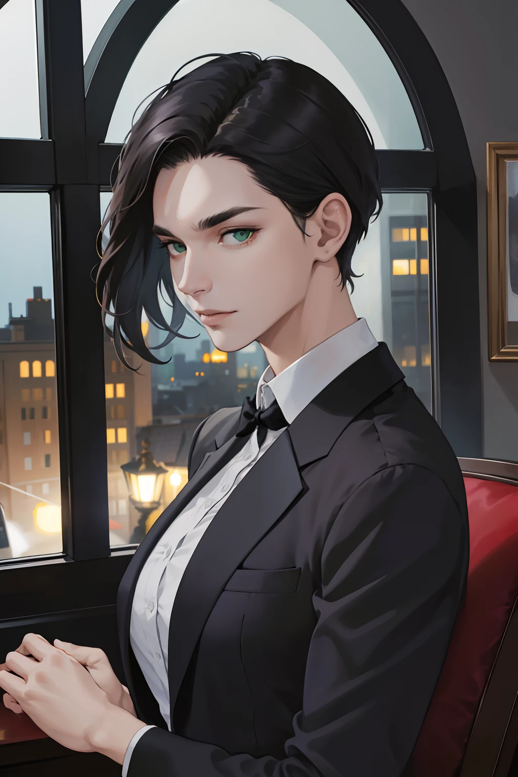 (absurd, hd, super detailed), (1 woman, single, adult, mature: 1.4, age: 1.4, tall, beautiful), portrait of fine eyes and face, extremely short hair, black hair, hair oil, distinctive hair, green eyes, (pointed chin: 1.4, 1.4, thick eyebrows: 1.4), muscular, BREAK, night, dark, night view of the city through large windows, shirt, suit, break, upper body,