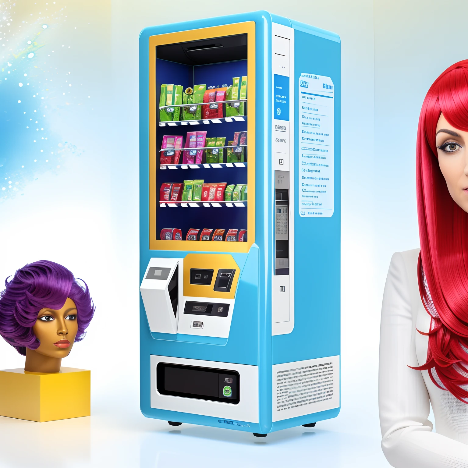 Close-up of wig with display，With wigs，For example，Elements of wigs，vending machines，sci-fi vending machine，3D product render，Some are more specific, Descriptive scenarios may appear on the computer，por exemplo, Someone went to the vending machine and bought a wig，It looks good to wear，Or describe buying a wig，Some combinations of foil scene elements， Product rendering，Stylistic references attract attention，applied，Represents fashionability，warm，Elements with a strong visual sense，There are reasonable ones on the fuselage, For example, Someone goes，Buy wigs, etc，The overall color is mainly blue and white，Color distribution is 50 each%,Wish there were more elements，A little diversified，Fewer colors