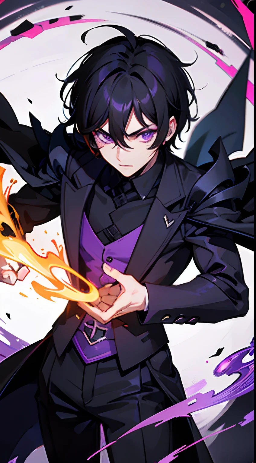 1Man, short black hair, fiery black-purple eyes, wears a black suit, he's a demon lord, make it like tarot anime-style but no frame