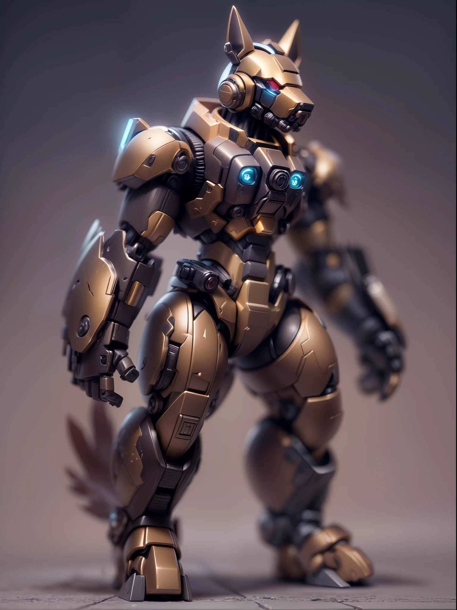 (Blind box toy style:1.3),((Full body shot))(anthropomorphism) , (1 strong dog mecha warrior)(((solo))) metal mecha,dreamy glow, Clean dark background,Brown black style,(circular base)( Global illumination, Ray tracing, hdr, unreal render,reasonable design, high detail, Masterpiece, Best quality, hyper HD, Cinematic lighting)