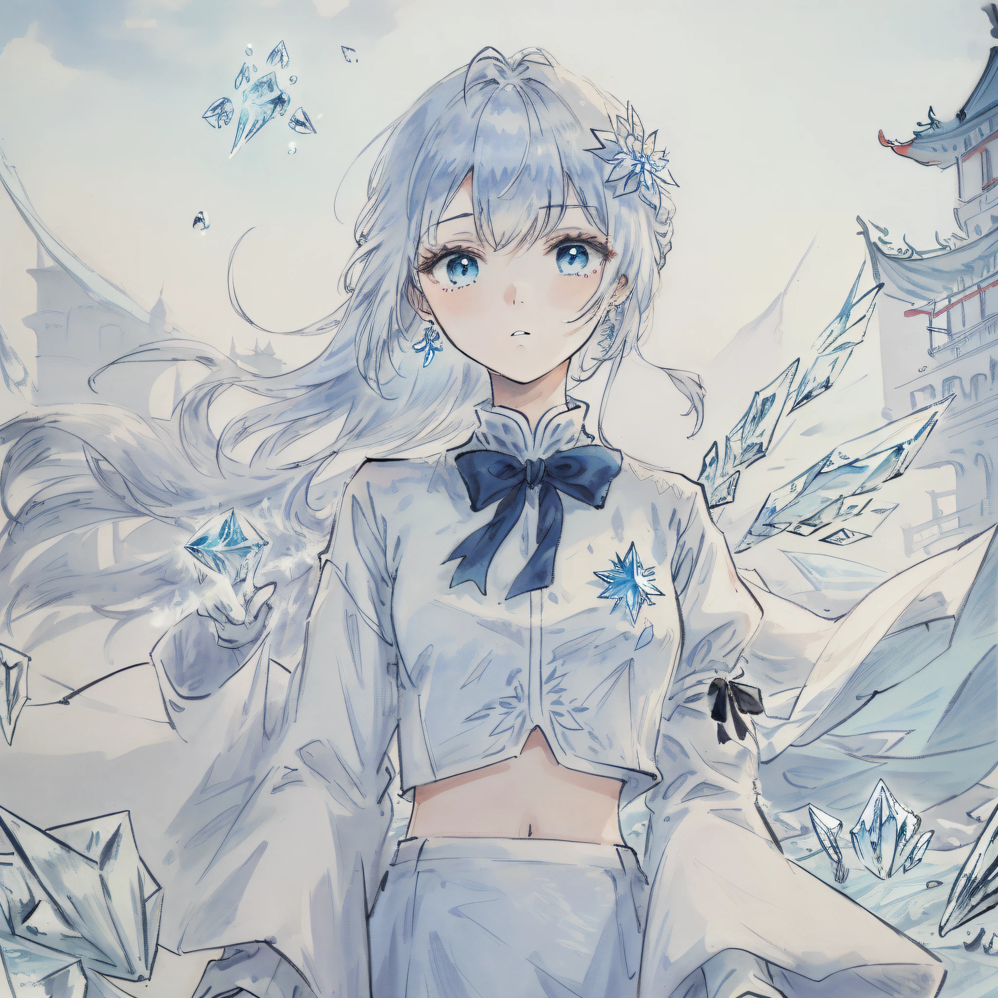 (((masterpiece))),best quality, illustration,(beautiful detailed girl),beautiful detailed glow,detailed ice,beautiful detailed water,(beautiful detailed eyes),expressionless,beautiful detailed white gloves, (floating palaces:1.3),azure hair,disheveled hair,long bangs, hairs between eyes, (skyblue dress),black ribbon,white bowties,midriff,{{{half closed eyes}}},,big forhead,blank stare,flower,large top sleeves,(((ice crystal texture wings)))