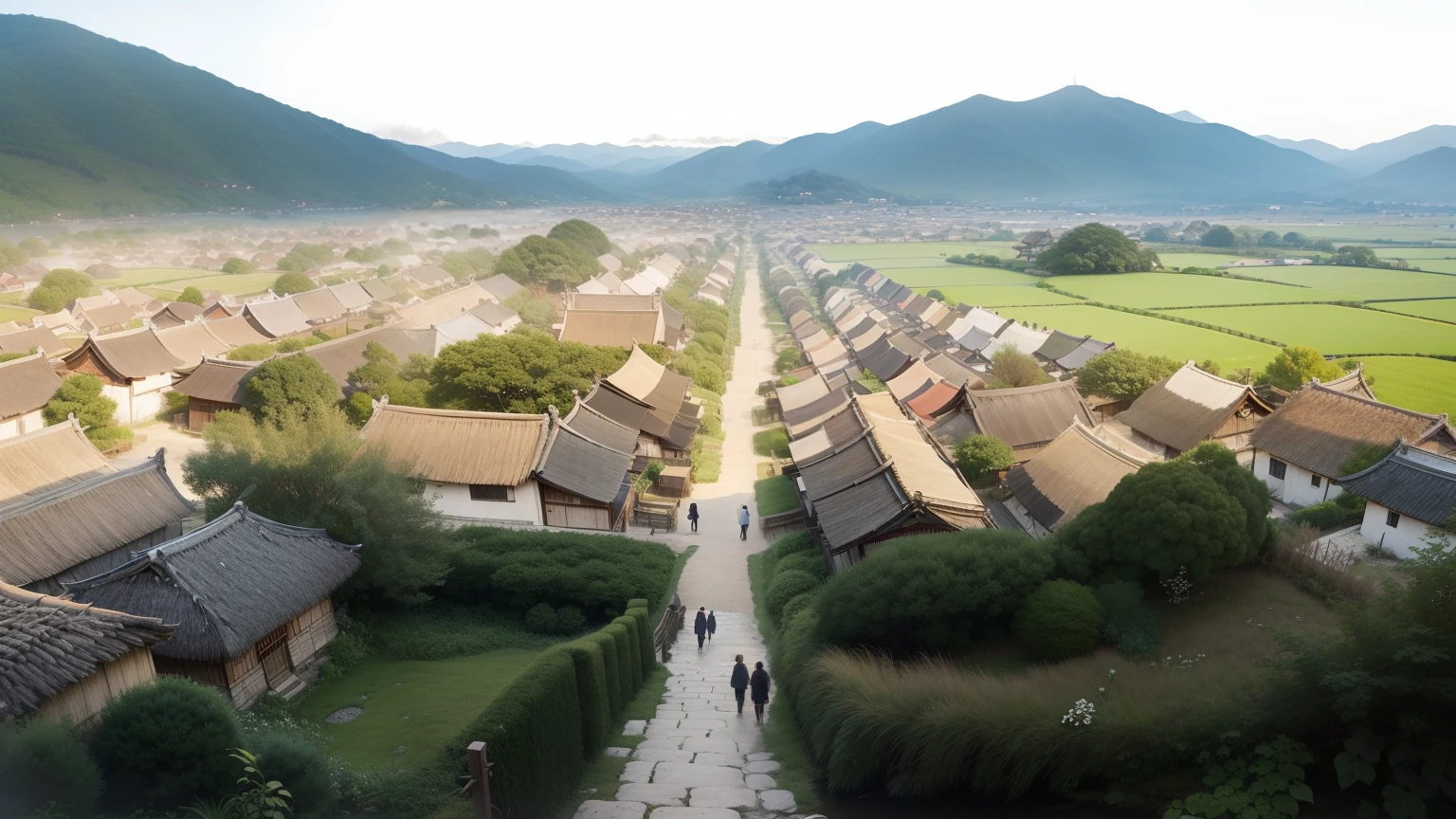 "Looking down, A scene unfolds before me: Thatched-roof village of the Joseon Dynasty, Where commoners dwell. You can feel the tranquility of the village as you admire the peaceful and quiet surroundings. Thatched roof hut, It is known as a 'thatched cottage'.,' Dotting the landscape, Each is a testament to a simple and harmonious life led by people. Smoke rises gently from the chimney, It has a sense of warmth and unity that pervades the whole town."