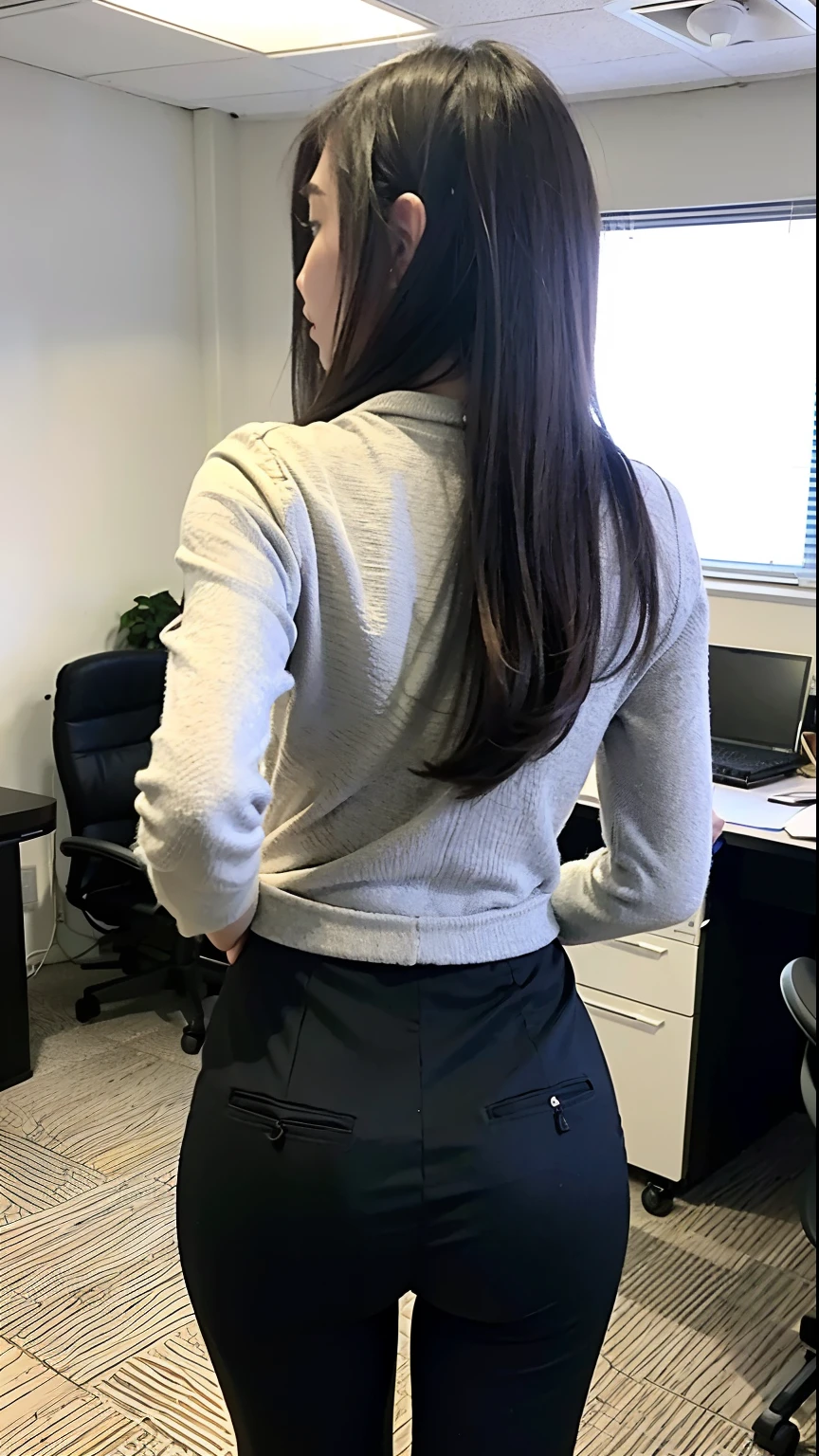(best qualtiy,8k,32k,tmasterpiece,UHD:1.2),1girll,beautiful japanese woman,a narrow waist,OL,Open jacket,office lady,Business suit,trouser,from back,office room,office desk,(stick out buttocks:1.2),详细的脸,long whitr hair,blacksilk,
