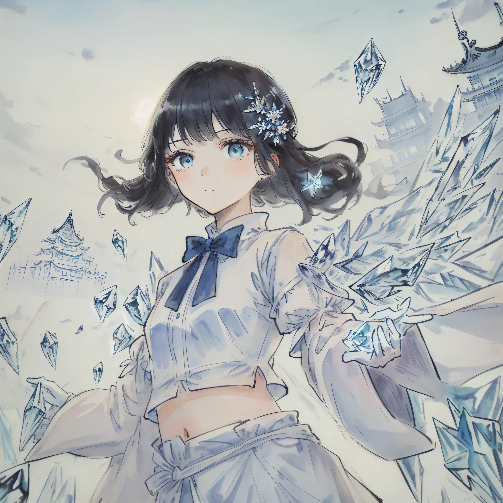 (((masterpiece))),best quality, illustration,(beautiful detailed girl),beautiful detailed glow,detailed ice,beautiful detailed water,(beautiful detailed eyes),expressionless,beautiful detailed white gloves, (floating palaces:1.3),azure hair,disheveled hair,long bangs, hairs between eyes, (skyblue dress),black ribbon,white bowties,midriff,{{{half closed eyes}}},,big forhead,blank stare,flower,large top sleeves,(((ice crystal texture wings)))