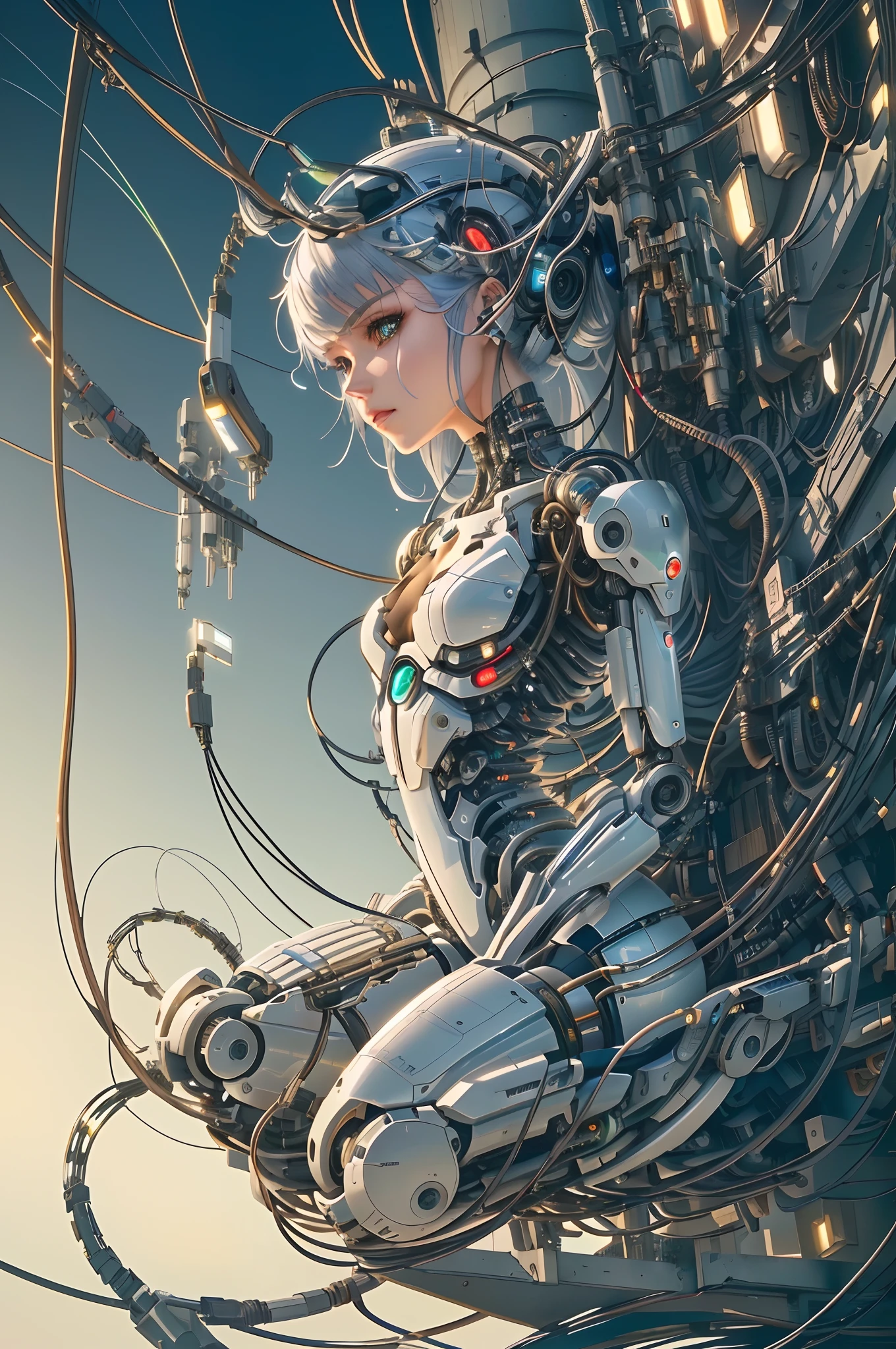 Close-up of a woman sitting on a pile of wires, anime robotic mixed with organic, cyborg - girl, intricate transhuman, perfect anime cyborg woman, beautiful girl cyborg, Cyborg girl, beautiful white girl cyborg, cyberpunk anime girl mech, digitl cyberpunk - anime art, Digital cyberpunk anime art, perfect android girl, cyborg - girl with silver hair