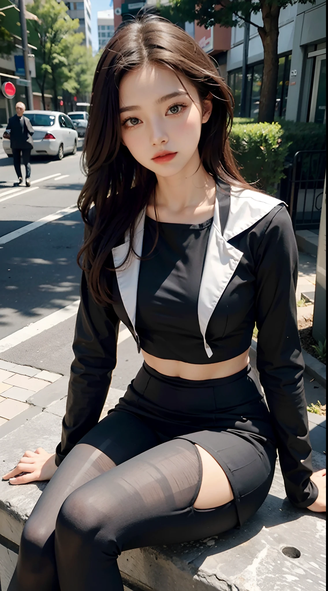 Best quality at best, full-body portrait, Gorgeous Face, pretty face, 20 years old woman, Slender body type, tiny boobs, OL uniform, Office clothes, black tights, outdoor scene, sitting pose