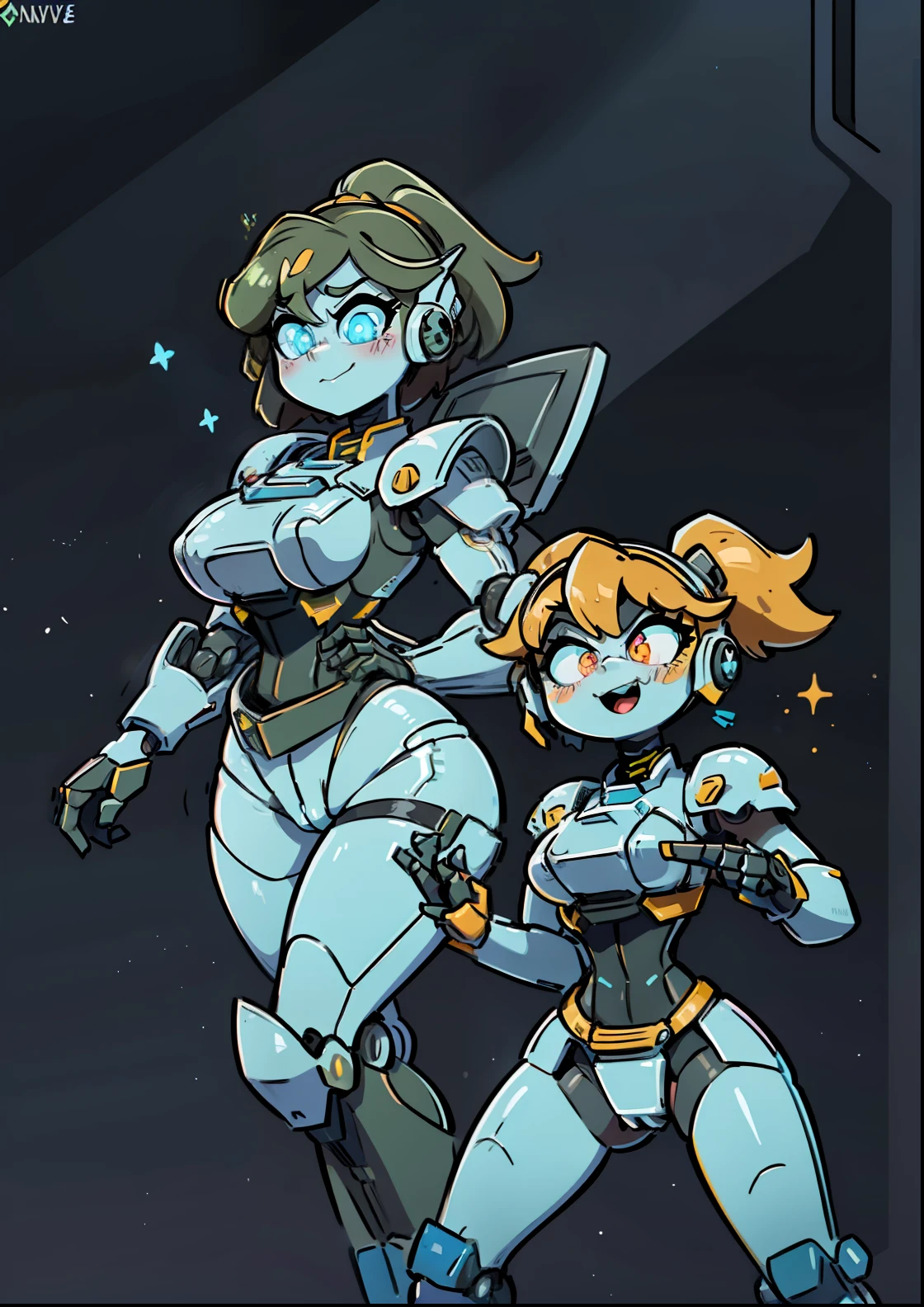 (NSFW:0.8), ((masterpiece)), best quality, chibi mech, a cartoon anime style, toonish style (cute figure), (female, feminine figure, motherly, (boobs), butt, pretty, beautiful, sexy), The cute cartoonish robots had identical features - Helmet, gray face, big round eyes, shining eyes (color glow), shoulder pads, big breast plate, mecha box limbs, reimagine a female mecha space ranger soldier character with a strong and heroic appearance ready to show off their fighting skills, (futuristic armor suit:1.5), (positive expressions:2). Use the color scheme of metallic (girlish colors, girly colors) for his armor suit. The dance routine performed by the synchronized, sexy robots was flawless, their identical moves and seductive poses captivating the audience's attention (front view and back view), Emphasize the dynamic pose and the presence of her being a boss in the galaxies and stars in the to enhance the sense of his ready for anything in a space adventure. ancient mecha