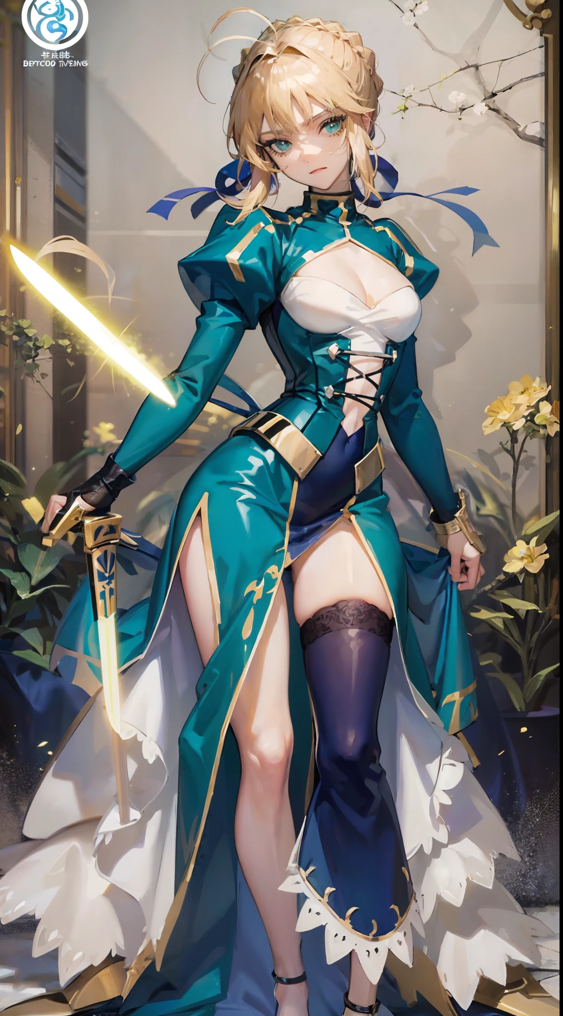 Artoria Pendragon (saber),Cyan theme,Gorgeous long dress,Promotional poster style,D cup,Sexy one-piece stockings,Happy look,Fleshy thighs