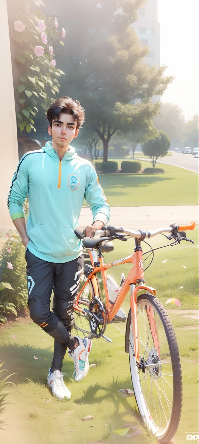 Cyber Pankh change cycle ad KTM bike lighting background handsome boy. 8k.