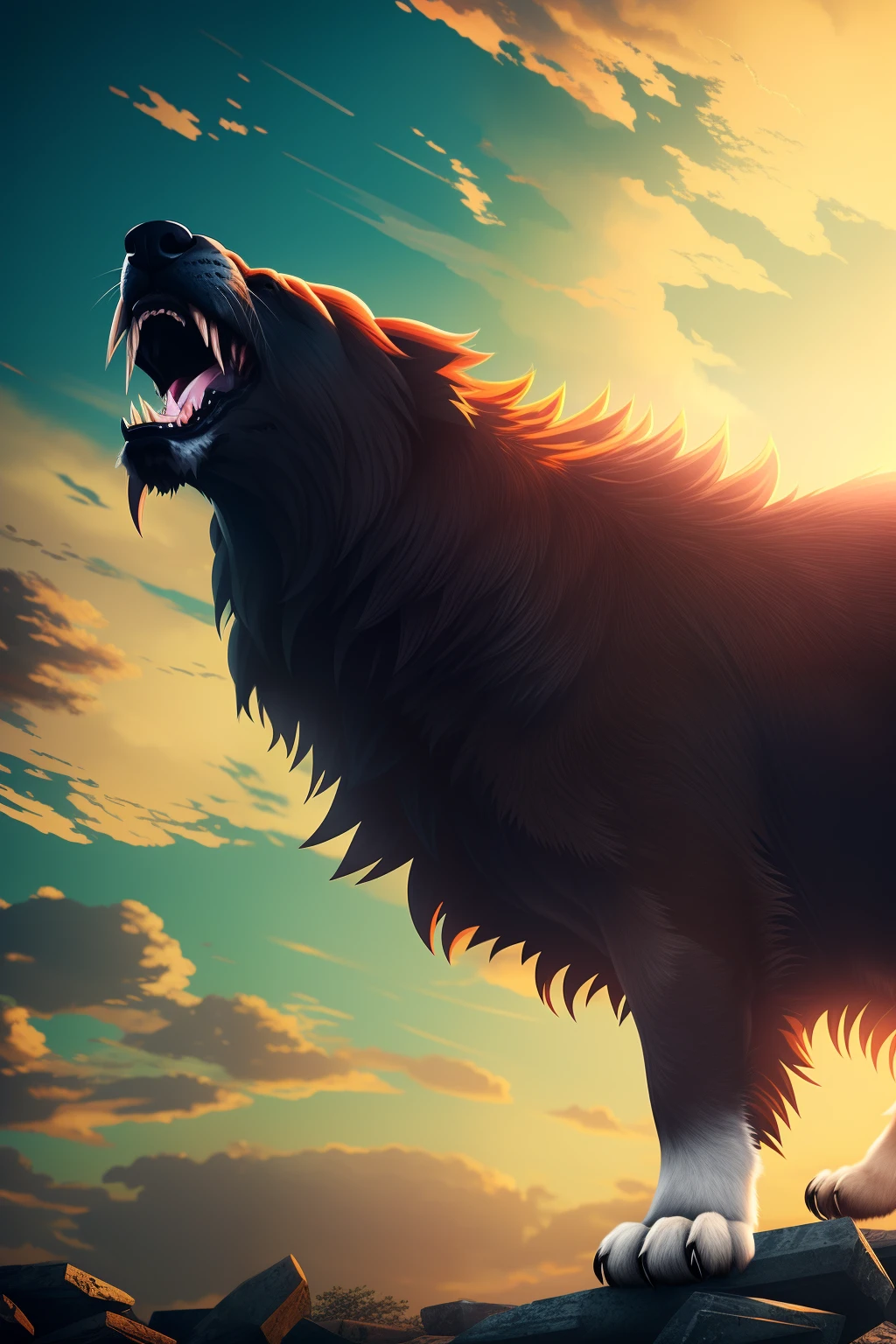 A vicious dog,Large in size,Roaring at the sky,Ruin background,gradient eyes, anime style, cinematic lighting, super detail, best quality, high details, 4K