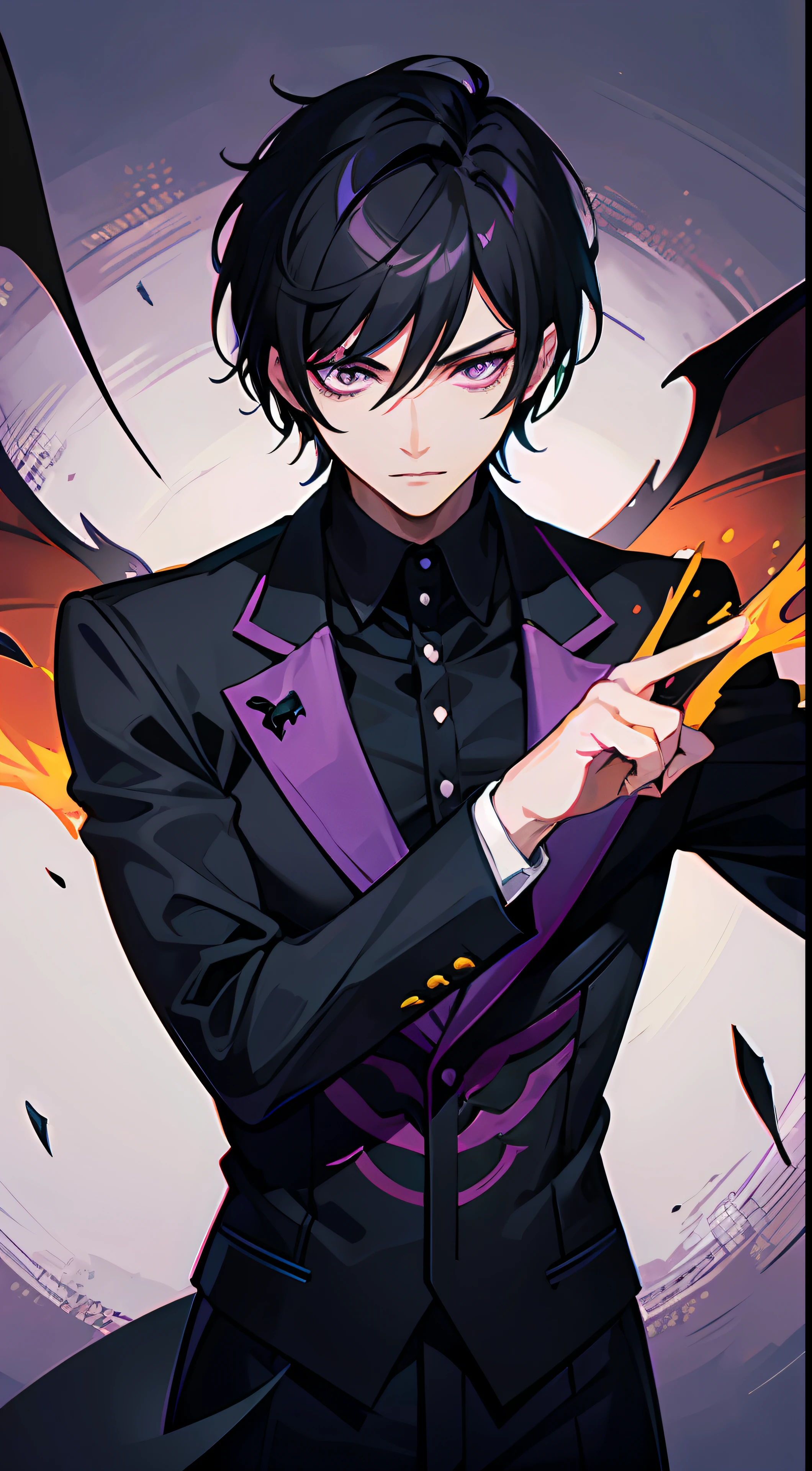 1Man, short black hair, fiery black-purple eyes, wears a black suit, he's a demon lord, make it like tarot anime-style but no frame