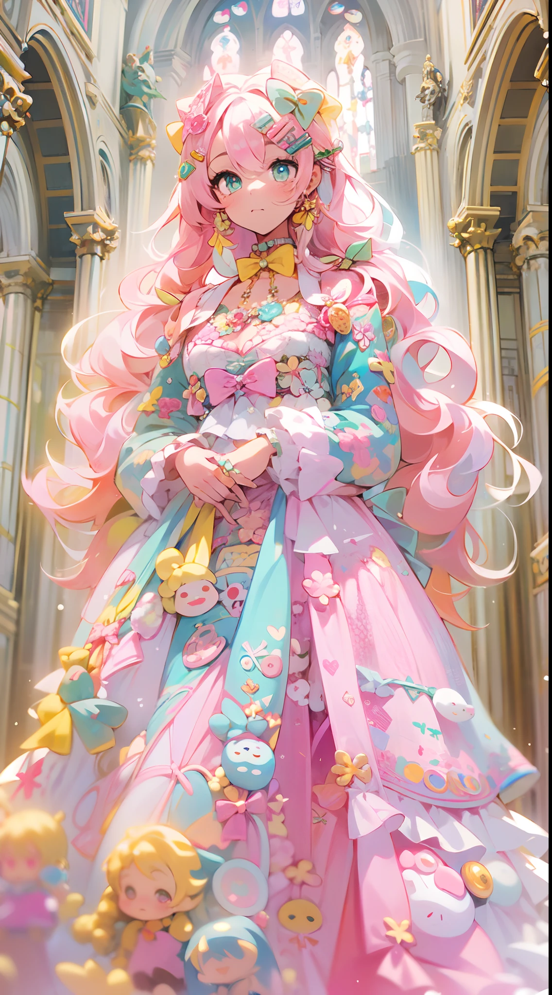 kawaii, cute, adorable, pink, yellow, blue, ((1girl)), "A beautiful girl with flowing hair and captivating eyes, dressed in an exquisite floor-length gown embellished with floral designs, poised gracefully within the resplendent grandeur of a cathedral.", decora, hairclips, harajuku fashion outfit, harajuku