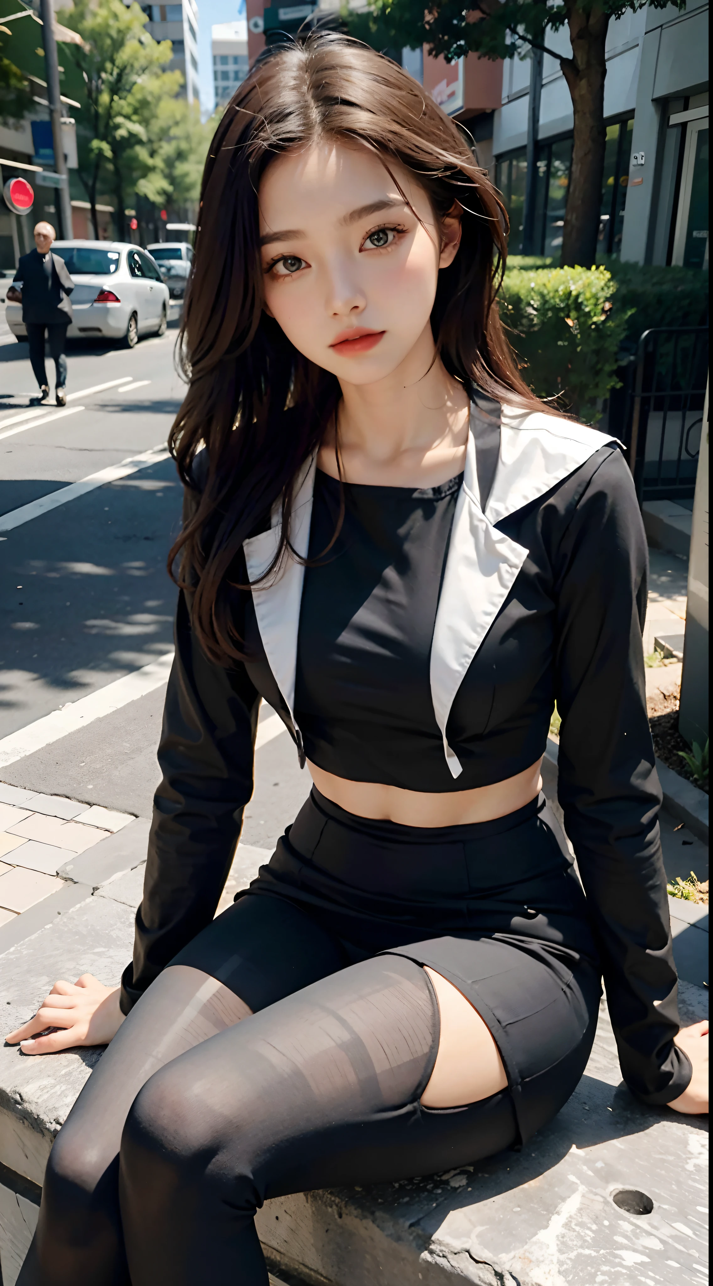 Best quality at best, full-body portrait, Gorgeous Face, pretty face, 20 years old woman, Slender body type, tiny boobs, OL uniform, Office clothes, black tights, outdoor scene, sitting pose