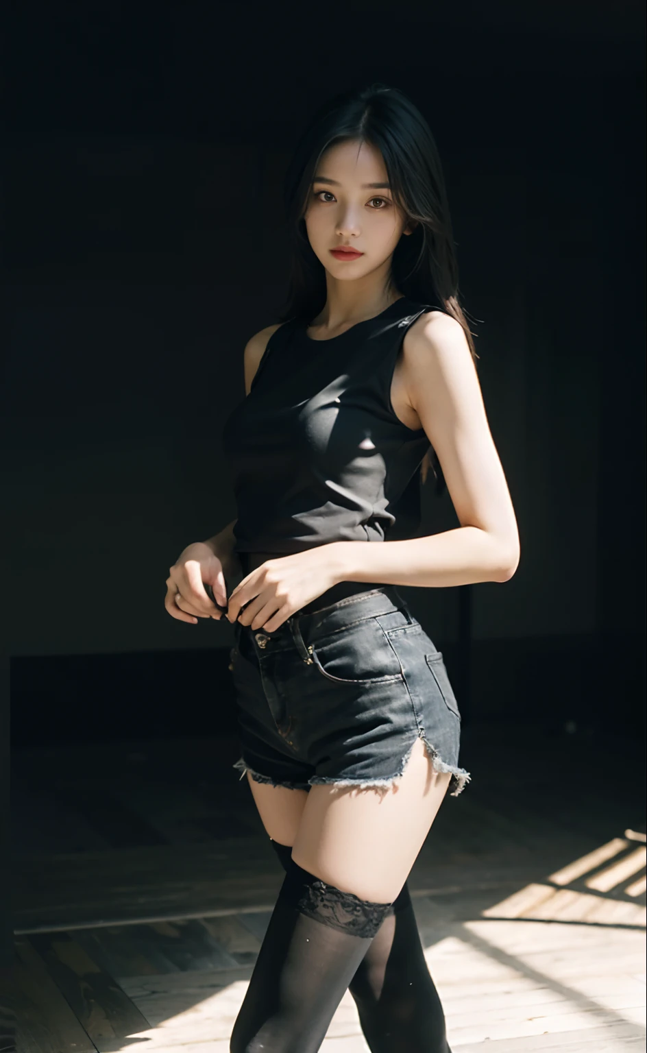 Best quality, masterpiece level, intricate details, high-precision graphics, ultra-HD quality, detailed shadows, fantastic atmosphere, dark background, shadow effect, local light, a pure beauty girl, personal solo display, exquisite and detailed face and eyes, real skin fit, black and white contrast scheme, high waist and slender leg line, shorts with stockings, (sleeveless T-shirt for top, full body presentation),