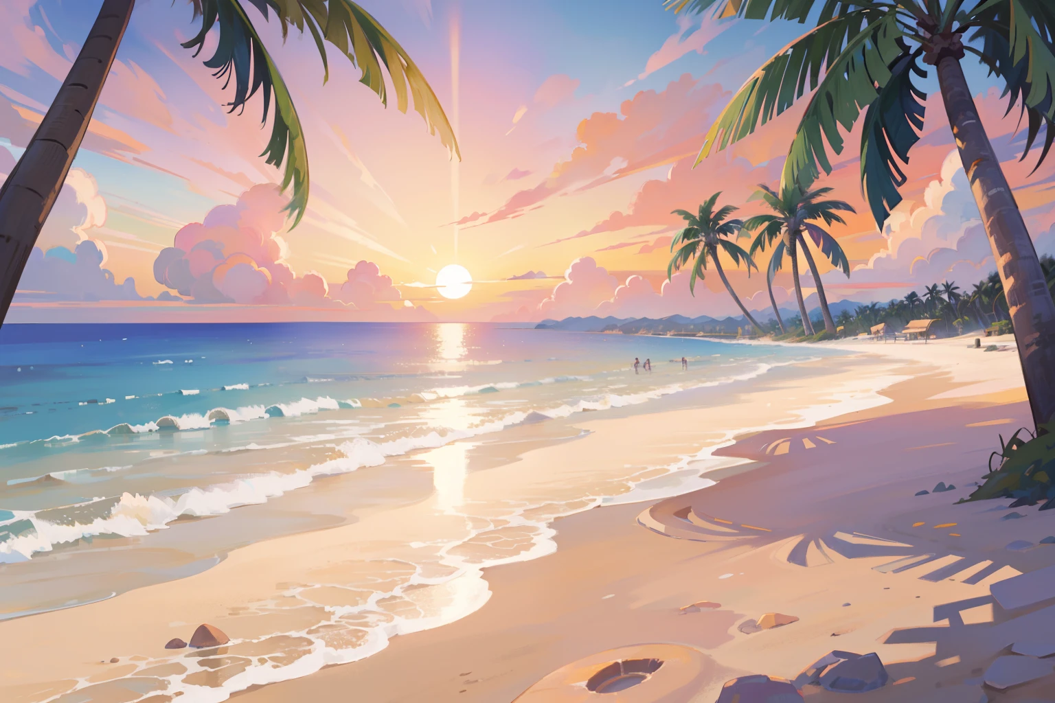 (masterpiece), best quality, ultra high res, beautiful scenery, detailed scenery, (warm pastel color), beach, colorful beach, pink sand, palm tree, sea, sunset