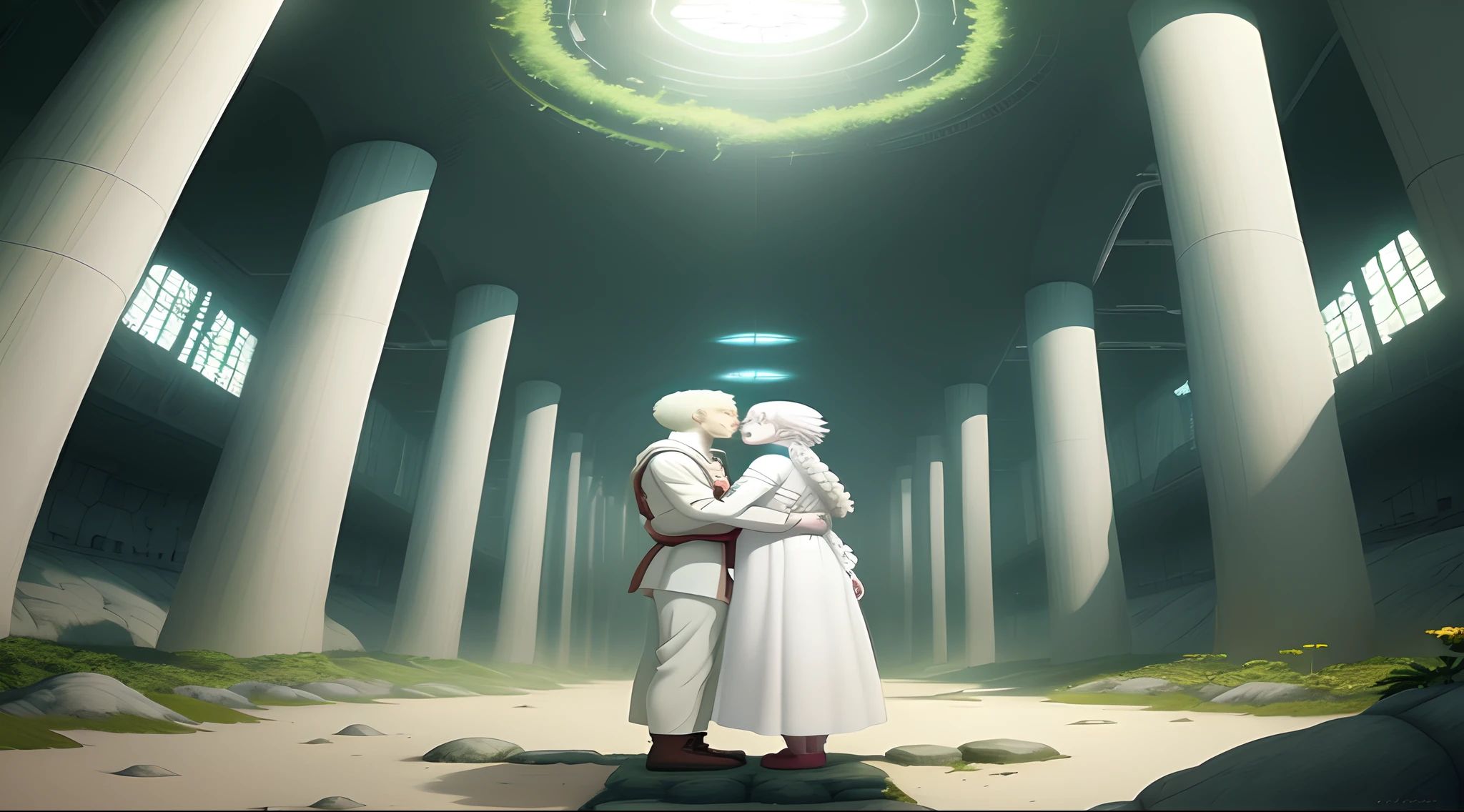 beautiful albino people living in an underground technological and natural paradise similar to the book Brave New World by Aldous Huxley, estilo anime del estudio Ghibli