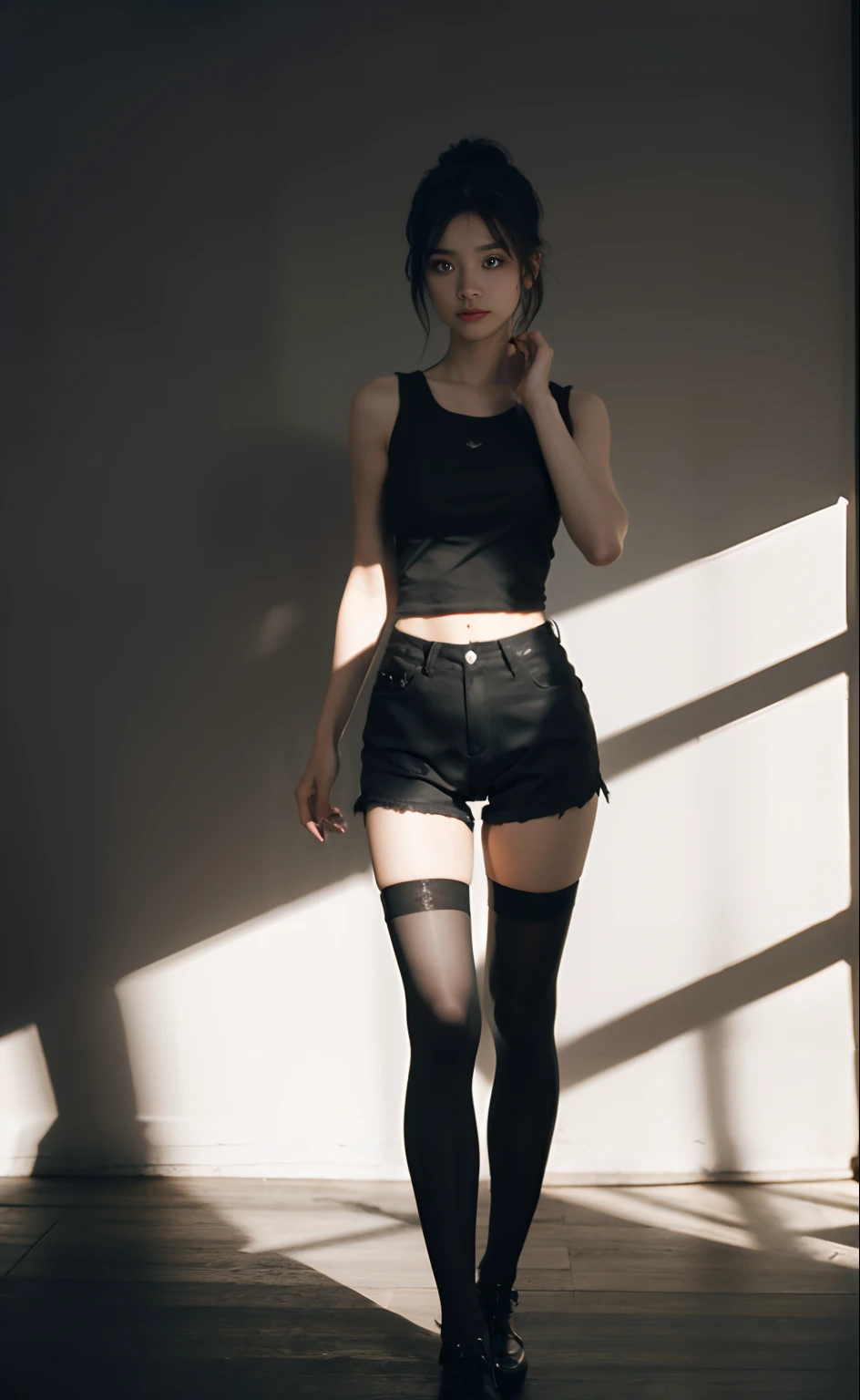 Best quality, masterpiece level, intricate details, high-precision graphics, ultra-HD quality, detailed shadows, fantastic atmosphere, dark background, shadow effect, local light, a pure beauty girl, personal solo display, exquisite and detailed face and eyes, real skin fit, black and white contrast scheme, high waist and slender leg line, shorts with stockings, (sleeveless T-shirt for top, full body presentation),