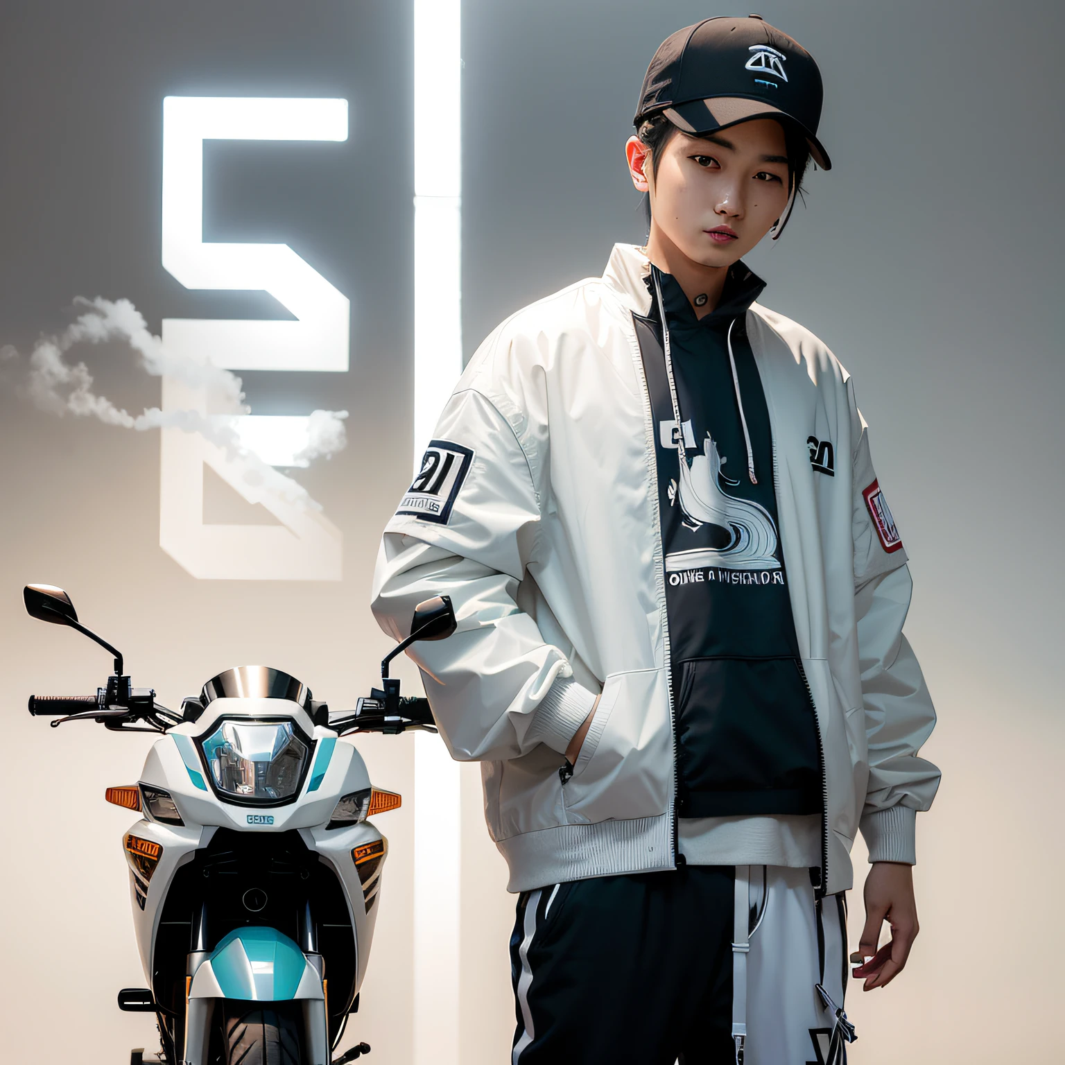 The Arafed man stood next to the motorcycle in the room, outlive streetwear collection, shot on canon eos r 5, shot on a Canon EOS R5, inspired by Gang Hui-an, inspired by Zhang Sengyao, cyberpunk streetwear, streetwear fashion, inspired by Zhu Da, e-sport style, 2 0 2 0 s promotional art, inspired by Wang E