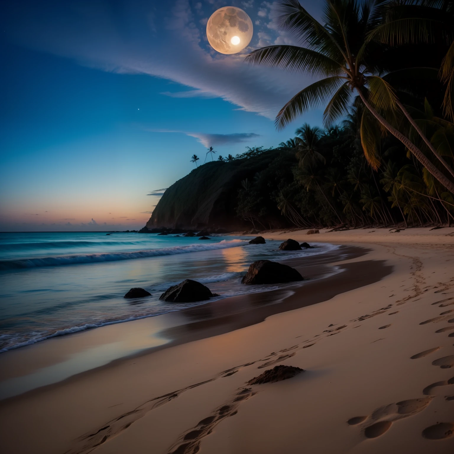 BioPunkAI
Praia a noite com coqueiro e a lua