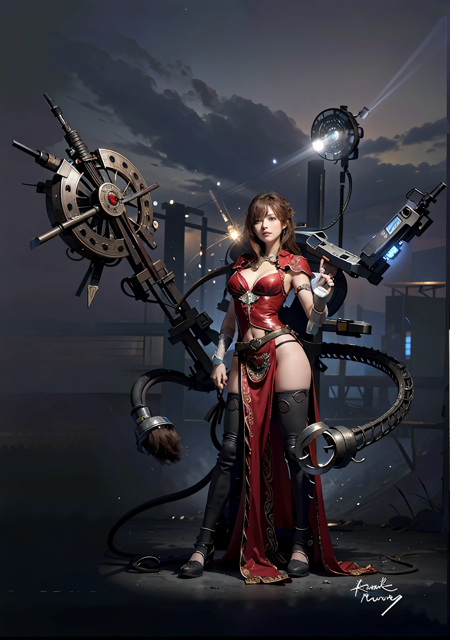 tmasterpiece,best qualtiy,(realisticlying,realisticlying:1.4),(RAW photos:1.2),Very detailed CG unity 8K wallpaper,Very fine and beautiful,Amazing Cleavage,finely detailled,offcial art,absurderes,unbelievable Ridiculous,hugefilesize, ultra - detailed, The is very detailed, Girls and mechanics,Nice detailed girl, very detailed eyes and faces, Beautiful detailed eyes, There is light on the face, long whitr hair,Red hood,Mop burqa,Red clothes, Solo, Cute, Mechanical tentacles, (perfect women figure) , Big breasts Thin waist, standing on your feet, brassier, Sleeveless shirt, Bare arms, By bangs,interior scenes,Detailed laboratory,Cyberworld