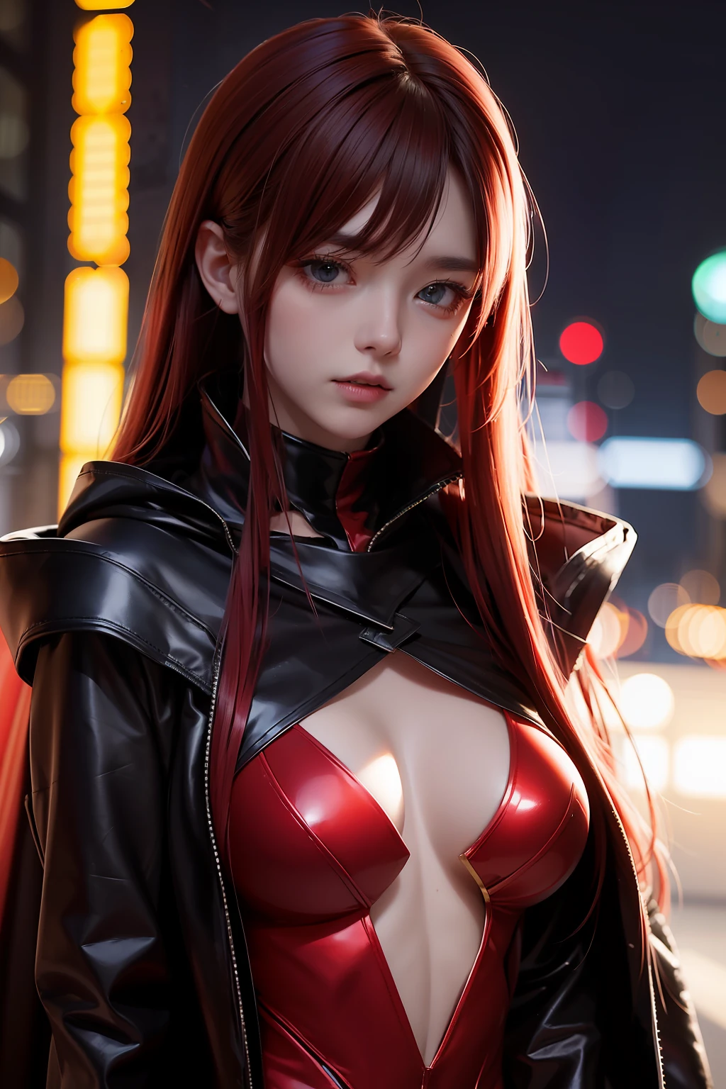 Dark Cyberpunk City、black long cloak、Wearing a red and silver metallic bodysuit、 old pretty girl, Very long hair, Red hair, small tits、masutepiece, Hyper realistic, 8K, Bokeh, Fire Luminescent, Each part of the body glows red、