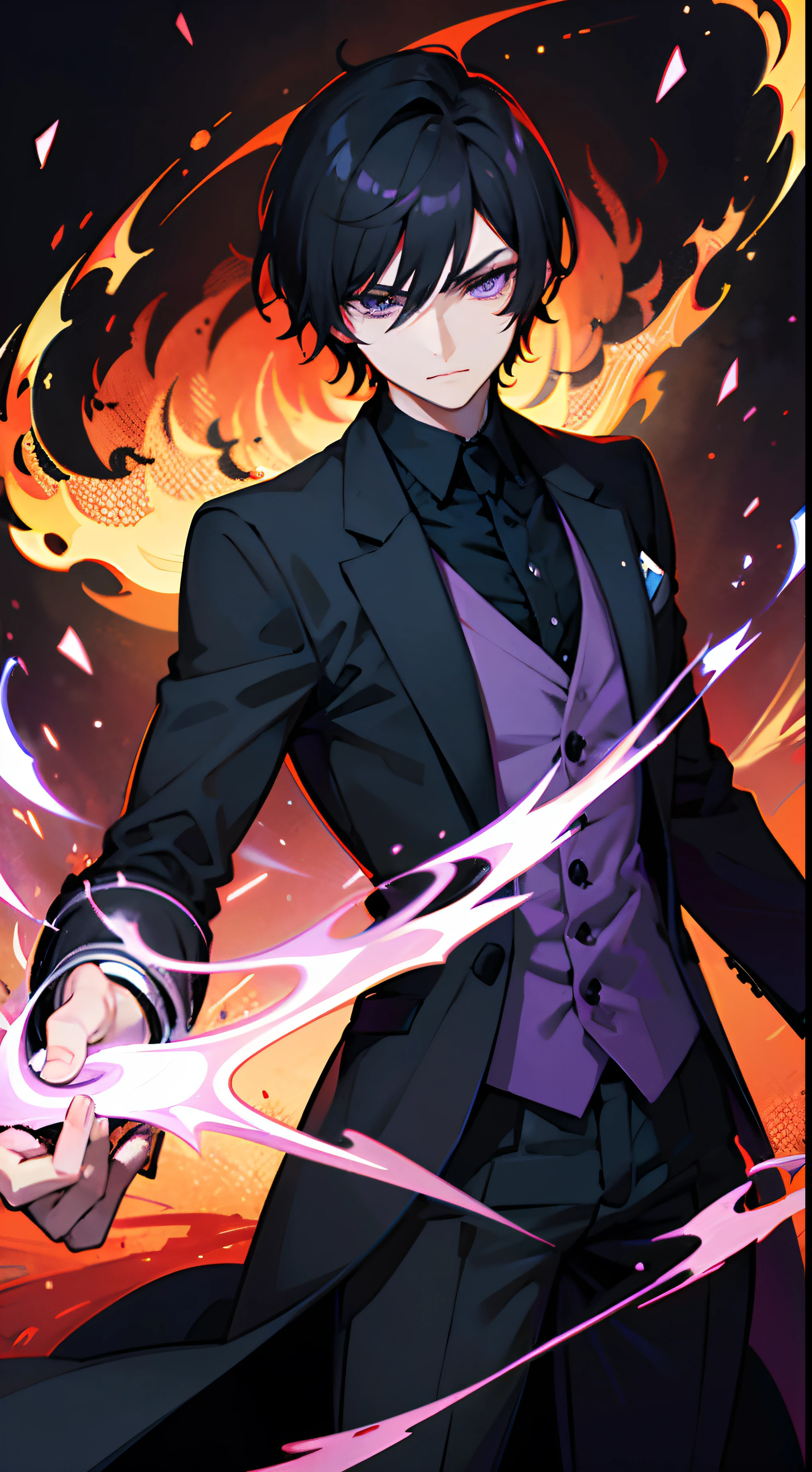 1Man, short black hair, fiery black-purple eyes, wears a black suit, he's a demon lord, make it like tarot anime-style but no frame
