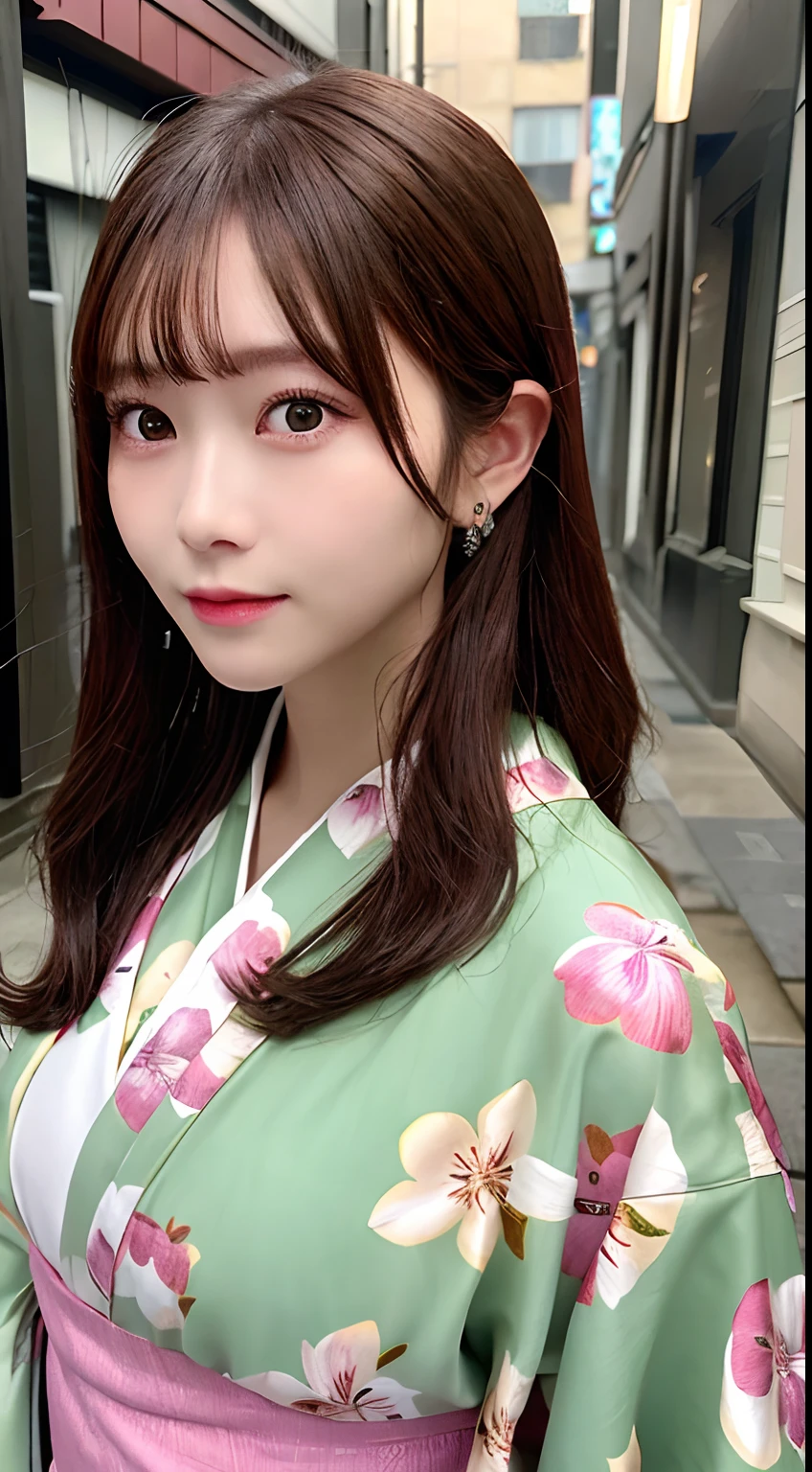 ((BEST QUALITY、8k、A Masterpiece:1.3))、Crisp focus:1.2、Beautiful woman in perfect style:1.4、Slender abs:1.2、((Dark Brown Hair、Big Boobs:1.2))、(Pink,、floral print、kimono ,:1.1)、Street:1.2、Very detailed face and skin texture、detailed eye、Double eyelidd
