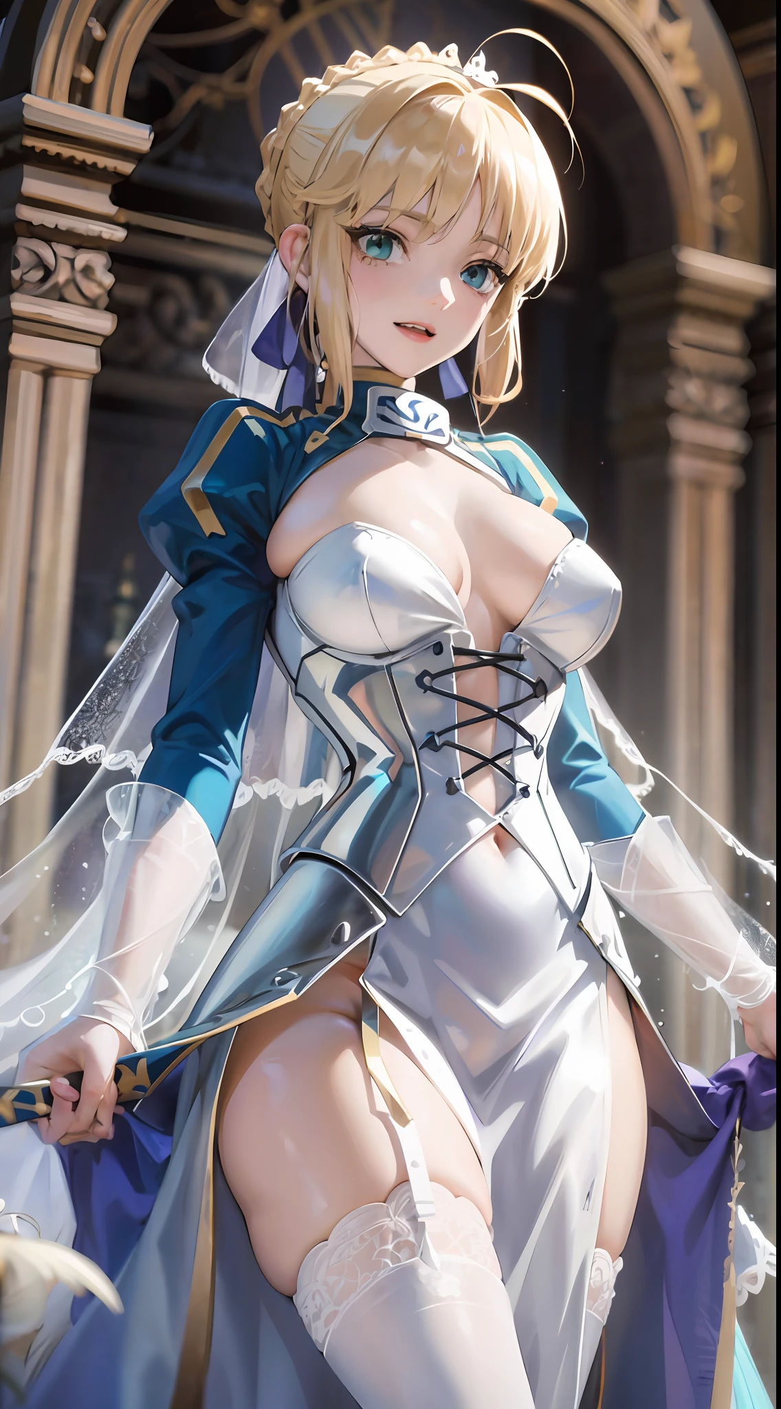 Artoria Pendragon (saber),white theme,Gorgeous wedding dress,Promotional poster style,D cup,Sexy one-piece stockings,Happy look,Fleshy thighs,highly rendered,detailed face with
