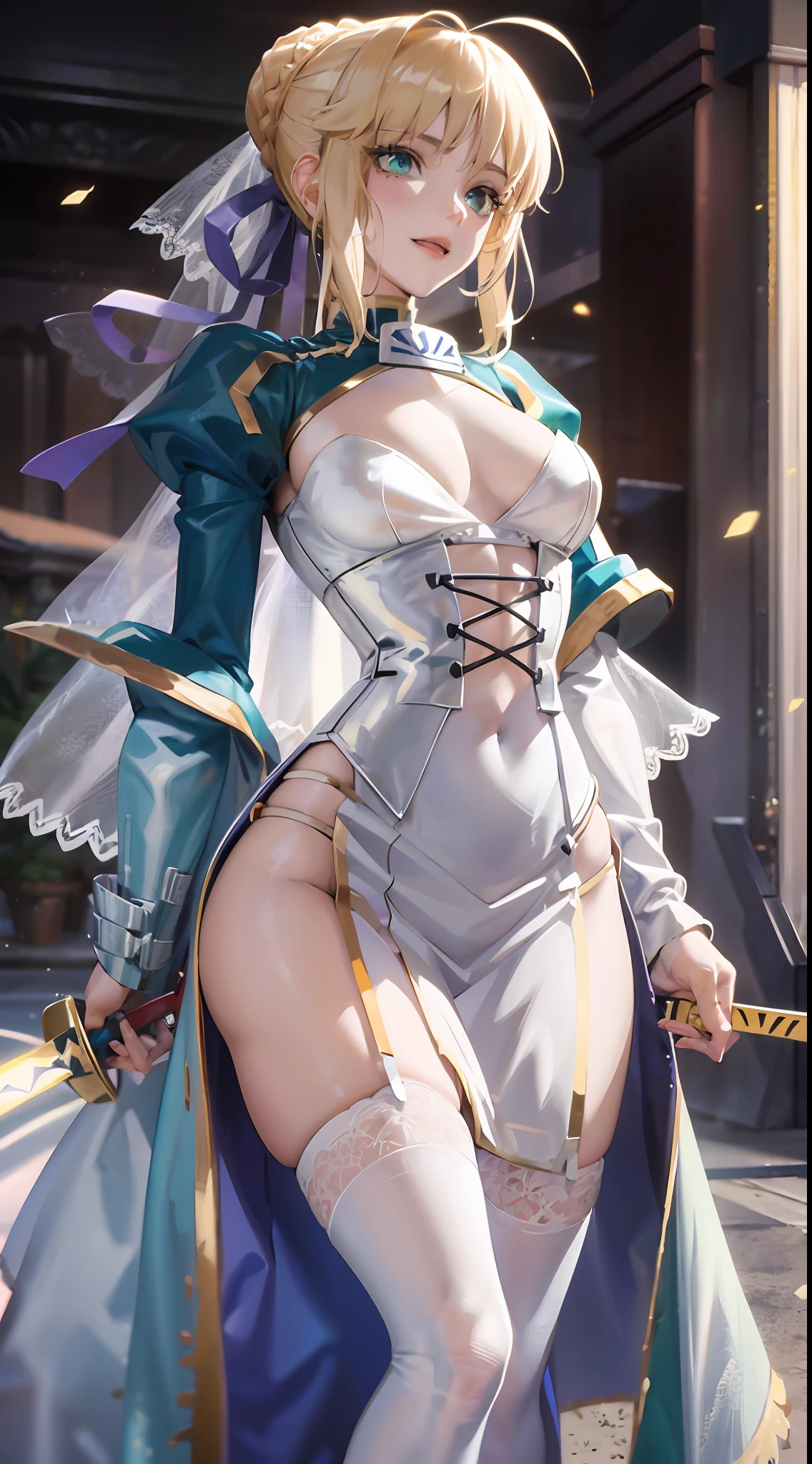 Artoria Pendragon (saber),white theme，Gorgeous wedding dress，Promotional poster style，D cup，Sexy one-piece stockings，Happy look，Fleshy thighs，highly rendered，detailed face with