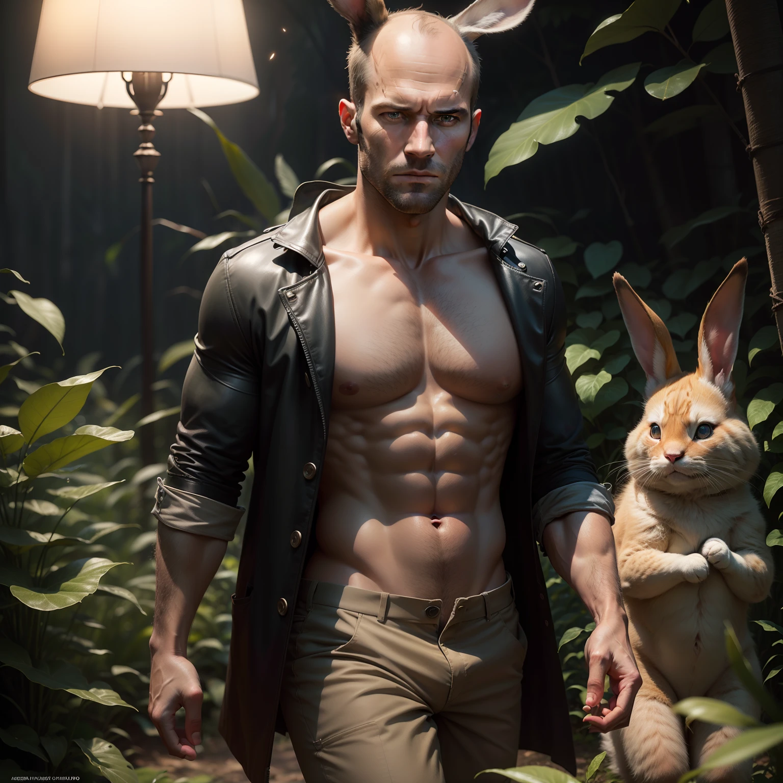 masterpiece、Jason Statham walking through the jungle at night among fireflies、(high detal:1 1)、Coarse face、Natural Skin、hightquality、NSFW、beautidful eyes、(detailed faces and eyes)、Rabbit costume(faces: 1 2)、Noise、extra, Authentic Photos, .PSD, lamp film photography, foco nítido, Contrast lighting, Detailed skin, High resolution 8K, Crazy Detail, realisticlying, professional photograpy, 8K UHD, SLR camera, Soft lighting, hightquality, film grains, FujifilmXT3