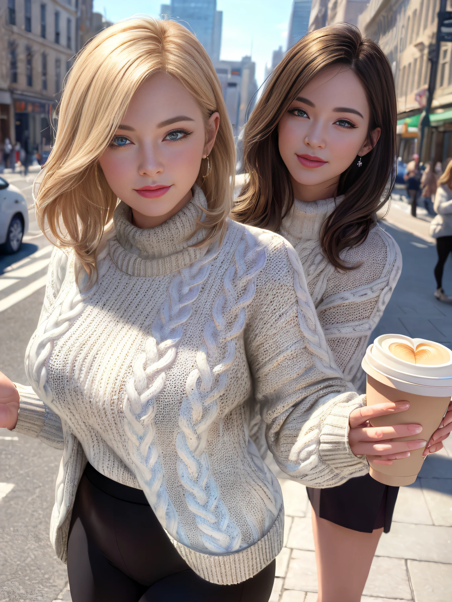(masterpiece, best quality:1.4), (modern days), (cowboy shot), 1girl, solo, pov, sfw, stunning girlfriend, (standing:1.1), dynamic pose, (white oversized sweater, knit sweater:1.4), (skinny yoga pants, dark gray yoga pants: 1.4), (navy short jacket, denim jacket: 1.4), long blonde hair, bangs, heart-shaped face, elegant face, beautiful face, high detail face, high detail skin, skin pores, subsurface scattering, (blue eye details), realistic pupils, plump breasts, loving smile, looking at the audience, full blush, plump lips, holding a coffee cup, centered, coffee shop in background, city street, sunny day, wind, detailed background, depth of field, Atmospheric perspective, volumetric lighting, clear focus, absurd, realistic proportions, good anatomy, (realistic, hyper-realistic:1.4), 16k HDR,